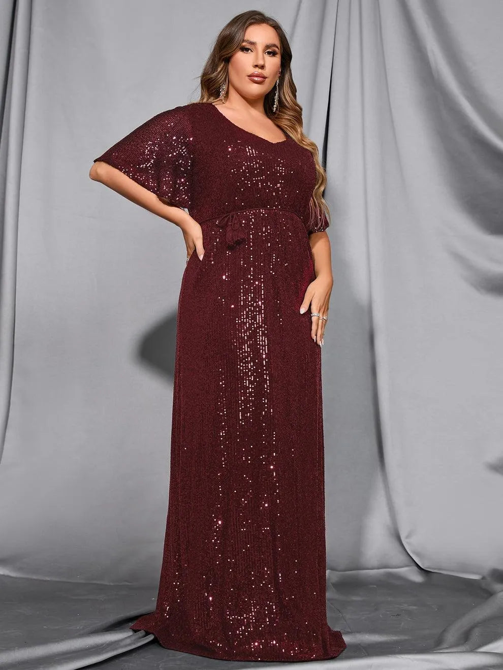 Plus Butterfly Sleeve Sequin Prom Dress