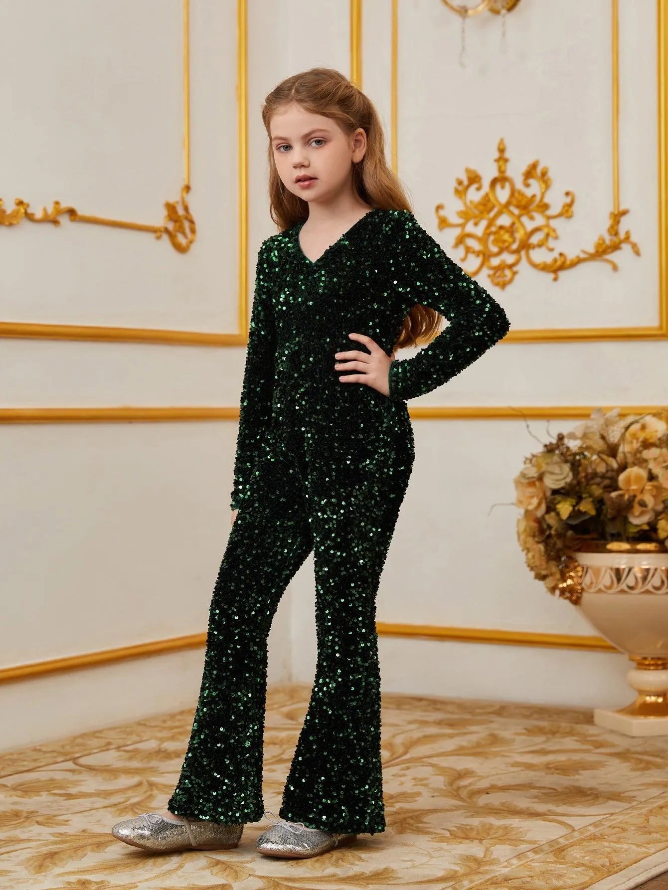 Tween Girls' V Neck Long Sleeves Sequin Jumpsuit