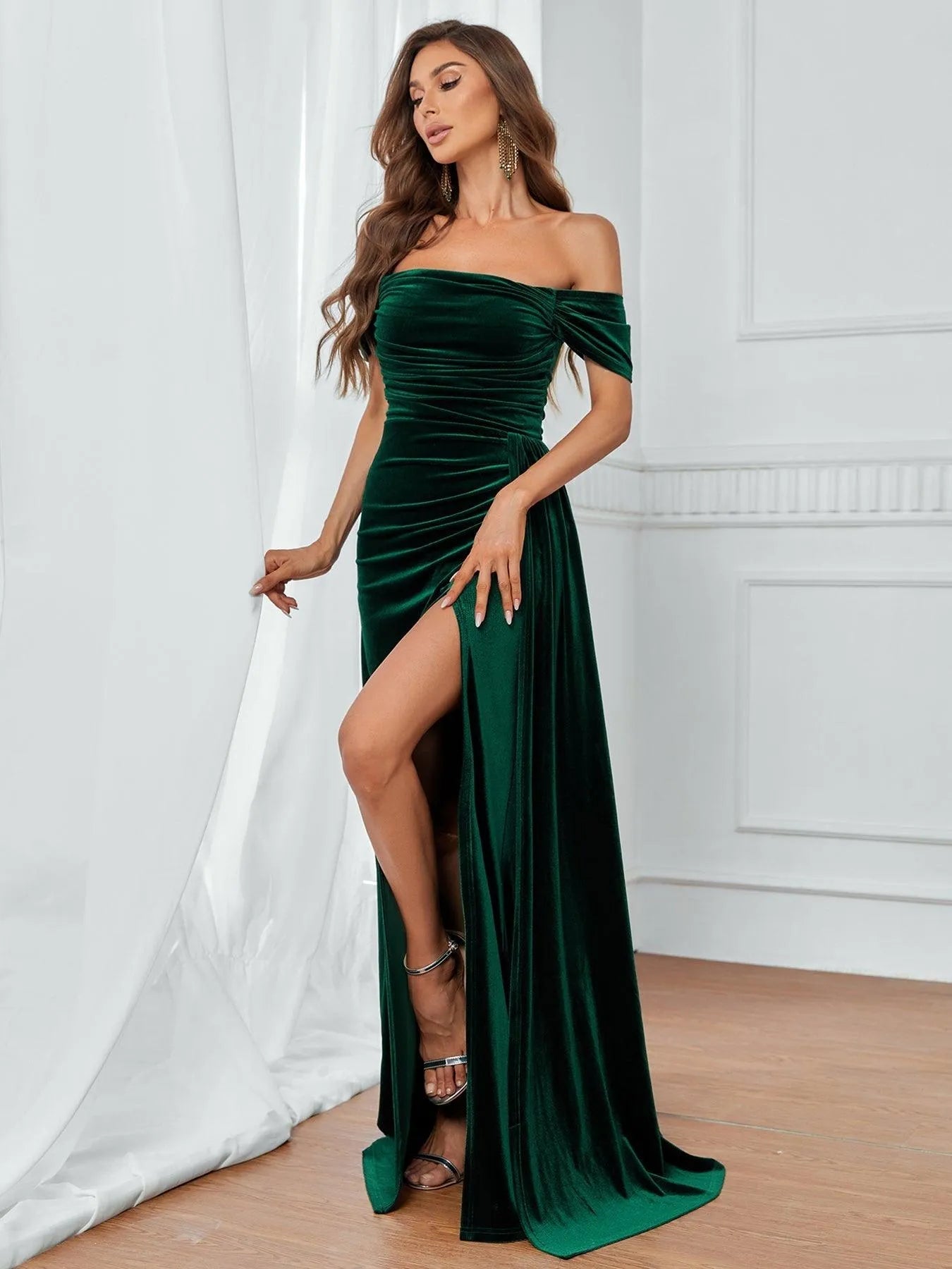 Off Shoulder Ruched Front Draped Side Velvet Party Dress