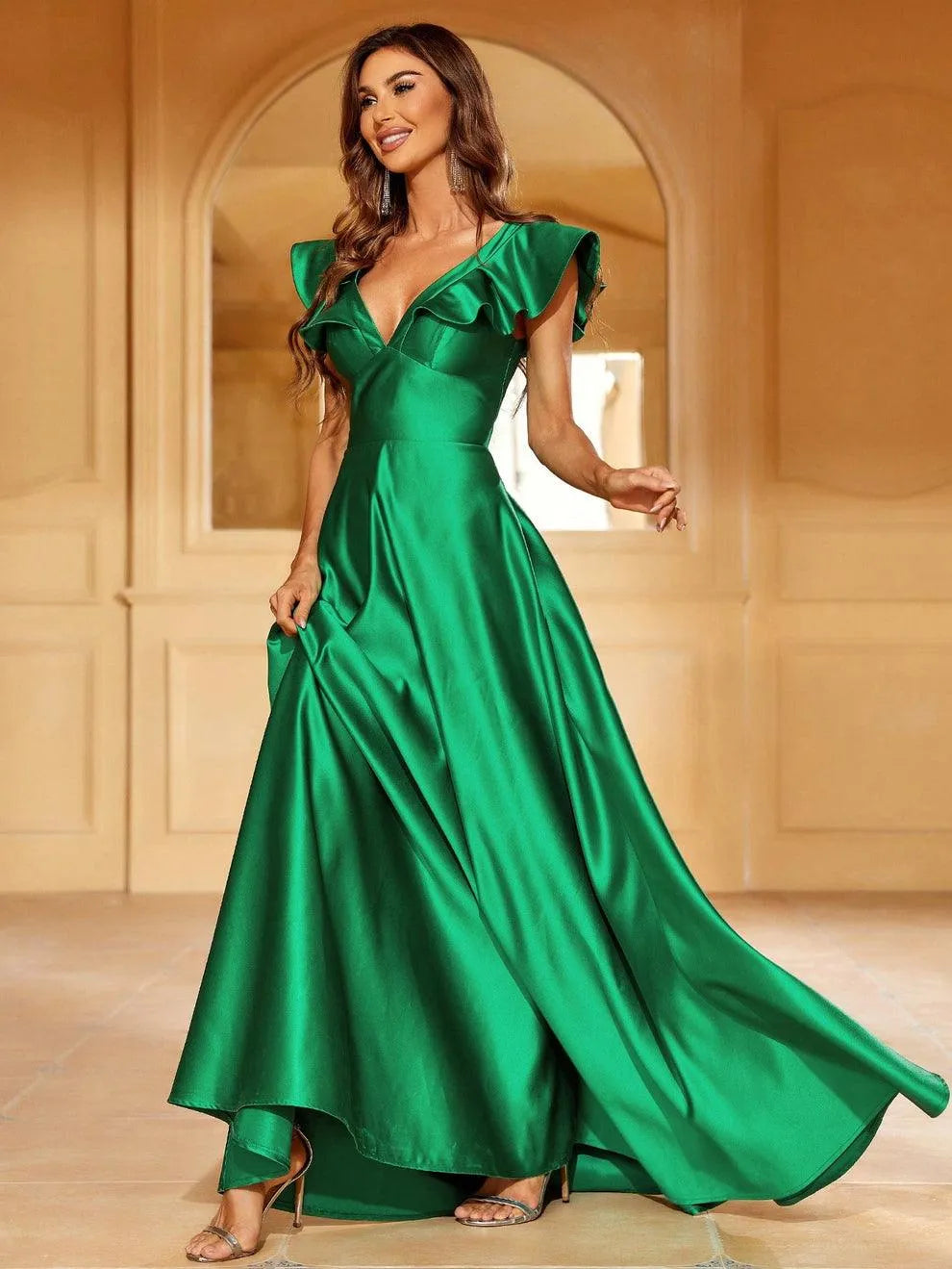 Elegant Ruffle Trim Plunging Neck Satin Formal Dress