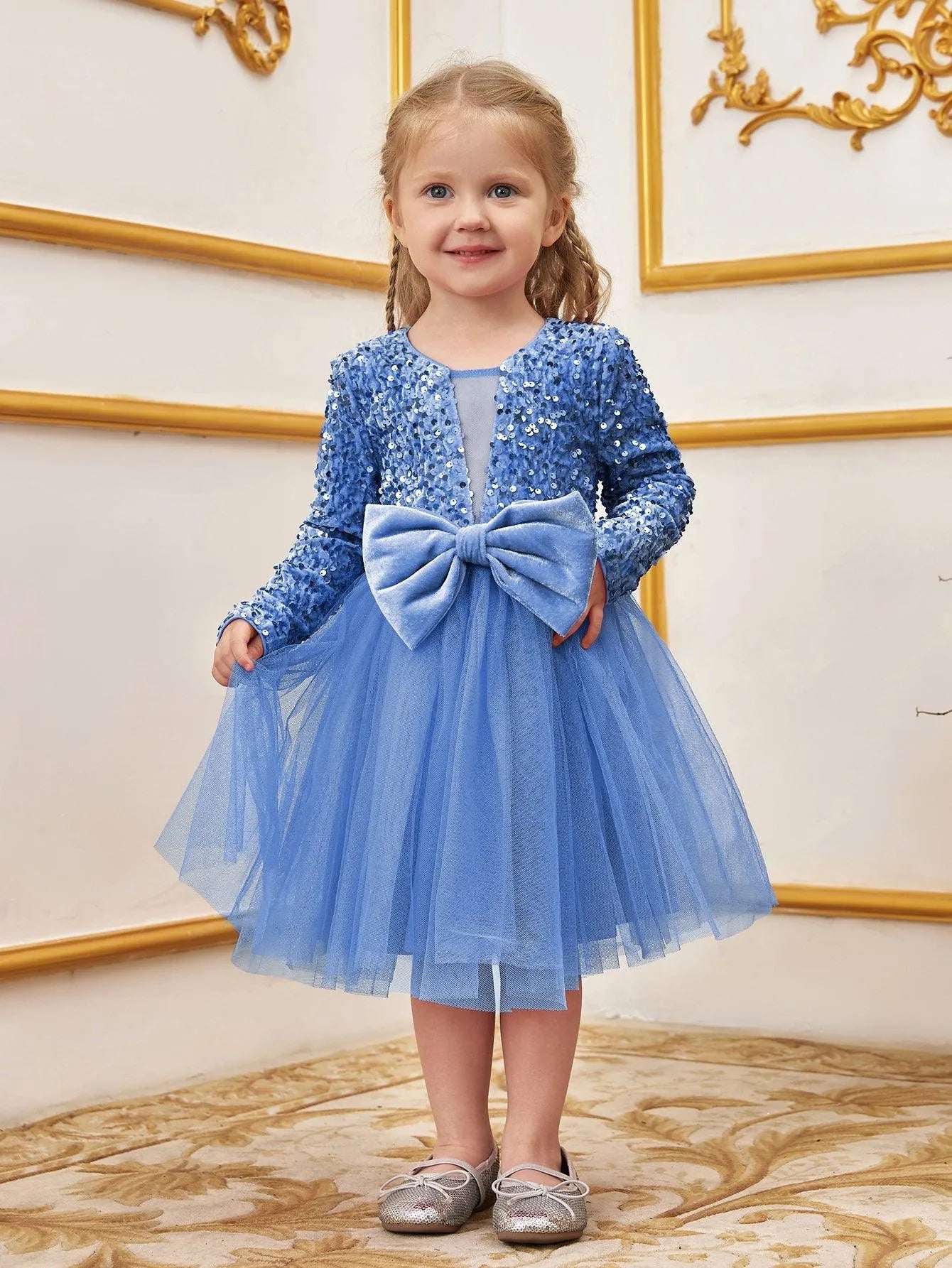 Young Girls' Cute Bow Front Long Sleeve Party Dress