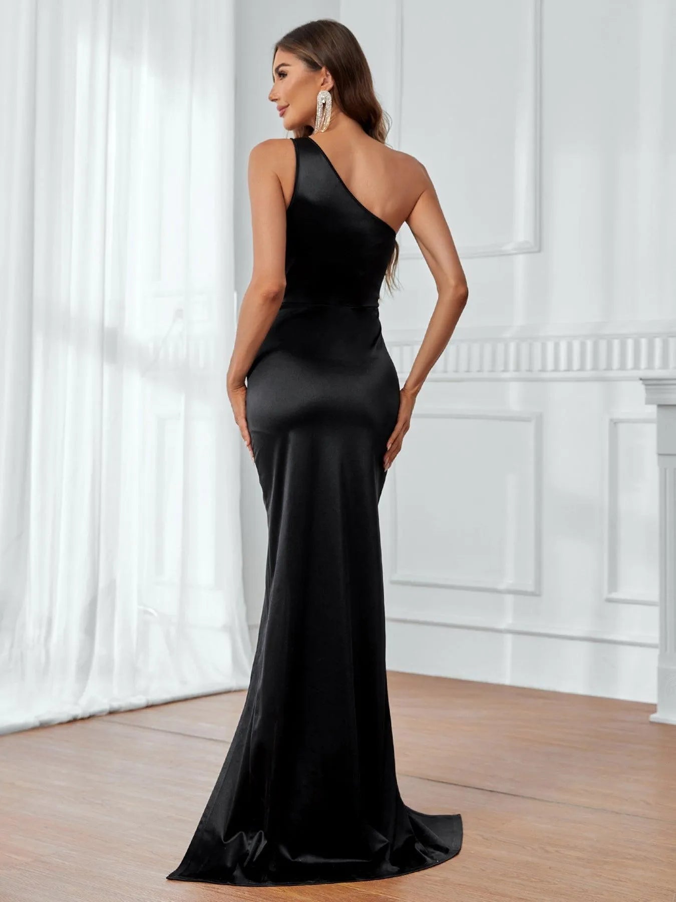 One Shoulder Cut Out Front Slit Satin Dress