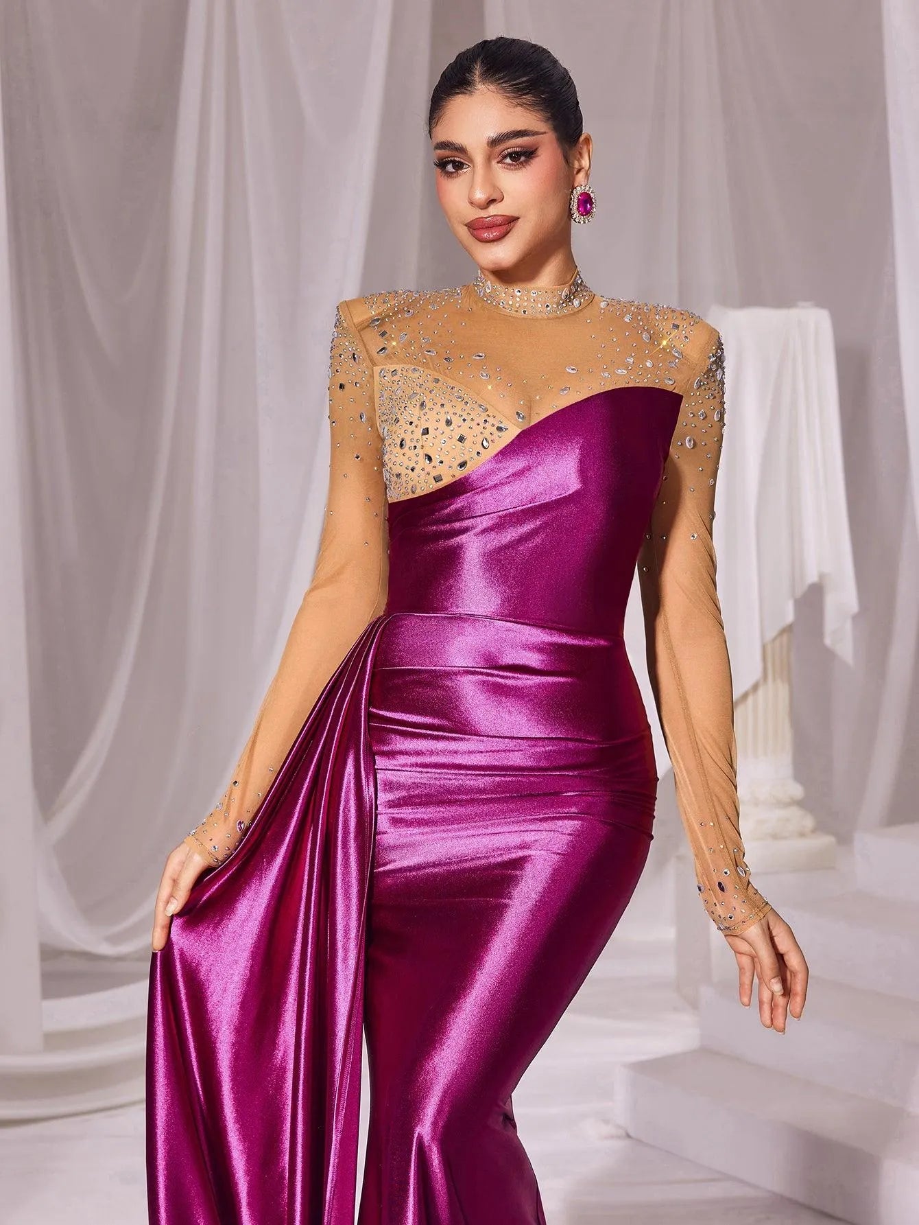 Rhinestone Detail Mock Neck Satin Mermaid Prom Dress