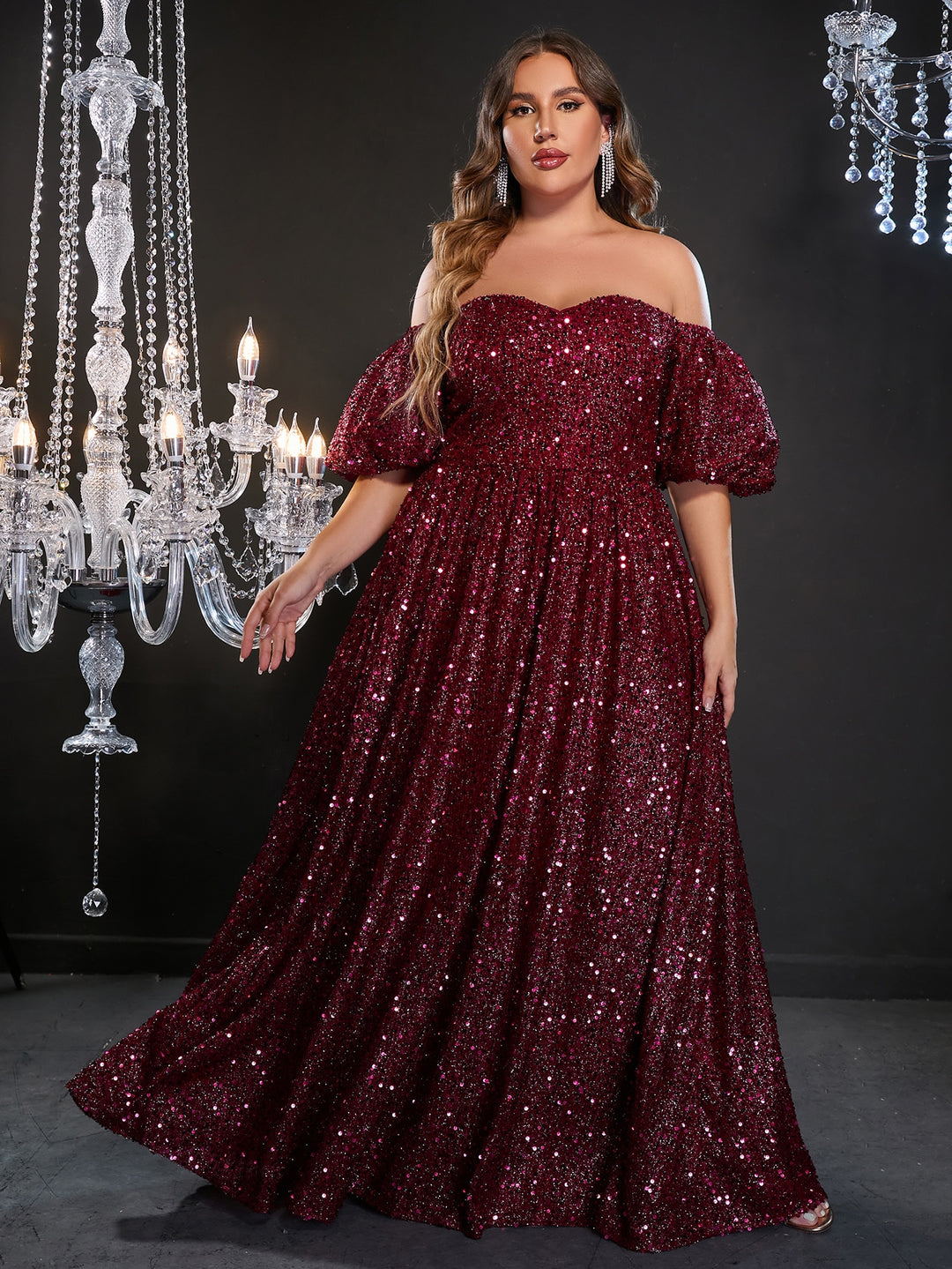 Plus Elegant Off Shoulder Short Sleeve Sequin A Line Dresses