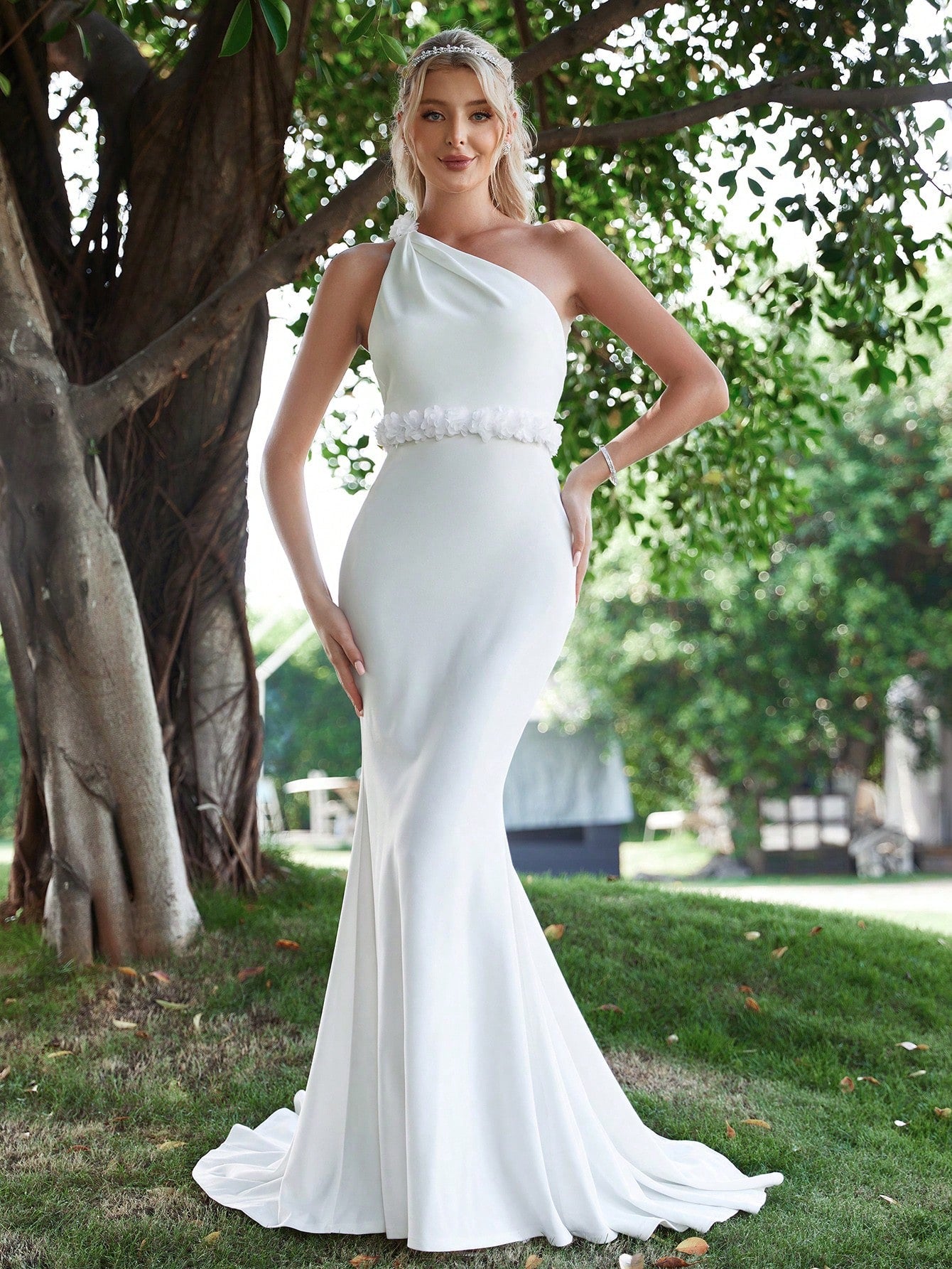 One Shoulder Backless Floral Applique Mermaid Hem Wedding Dress