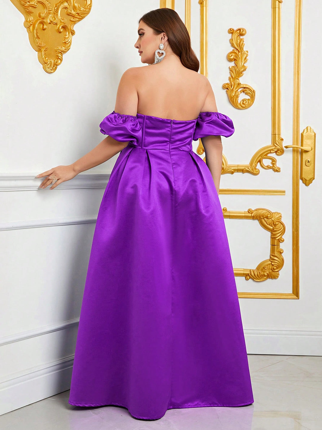 Plus Off Shoulder Puff Sleeves Ruched Bust Fold Pleated Satin Gown