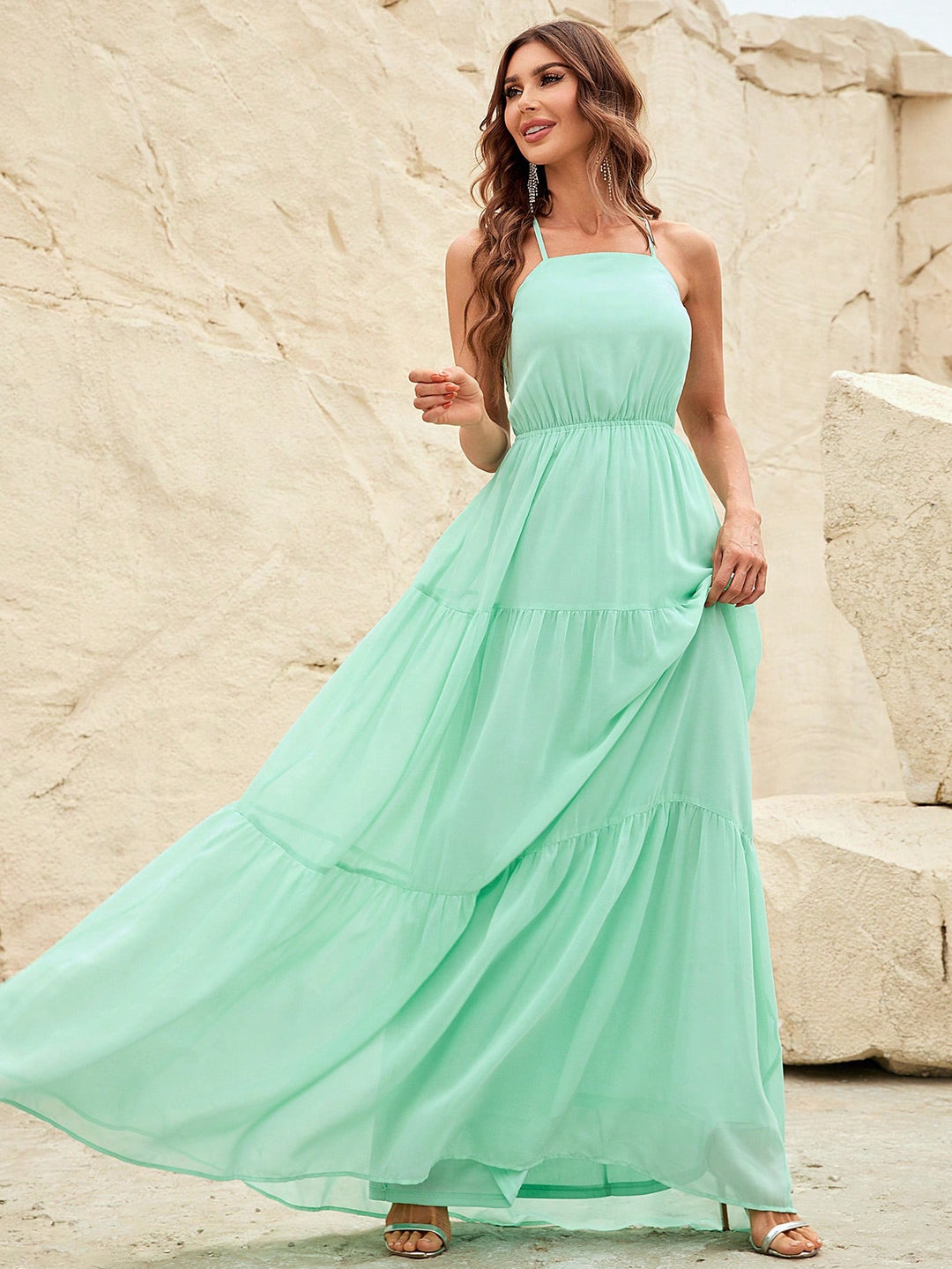 Back Lace Up Chiffon Tiered Maxi Dress