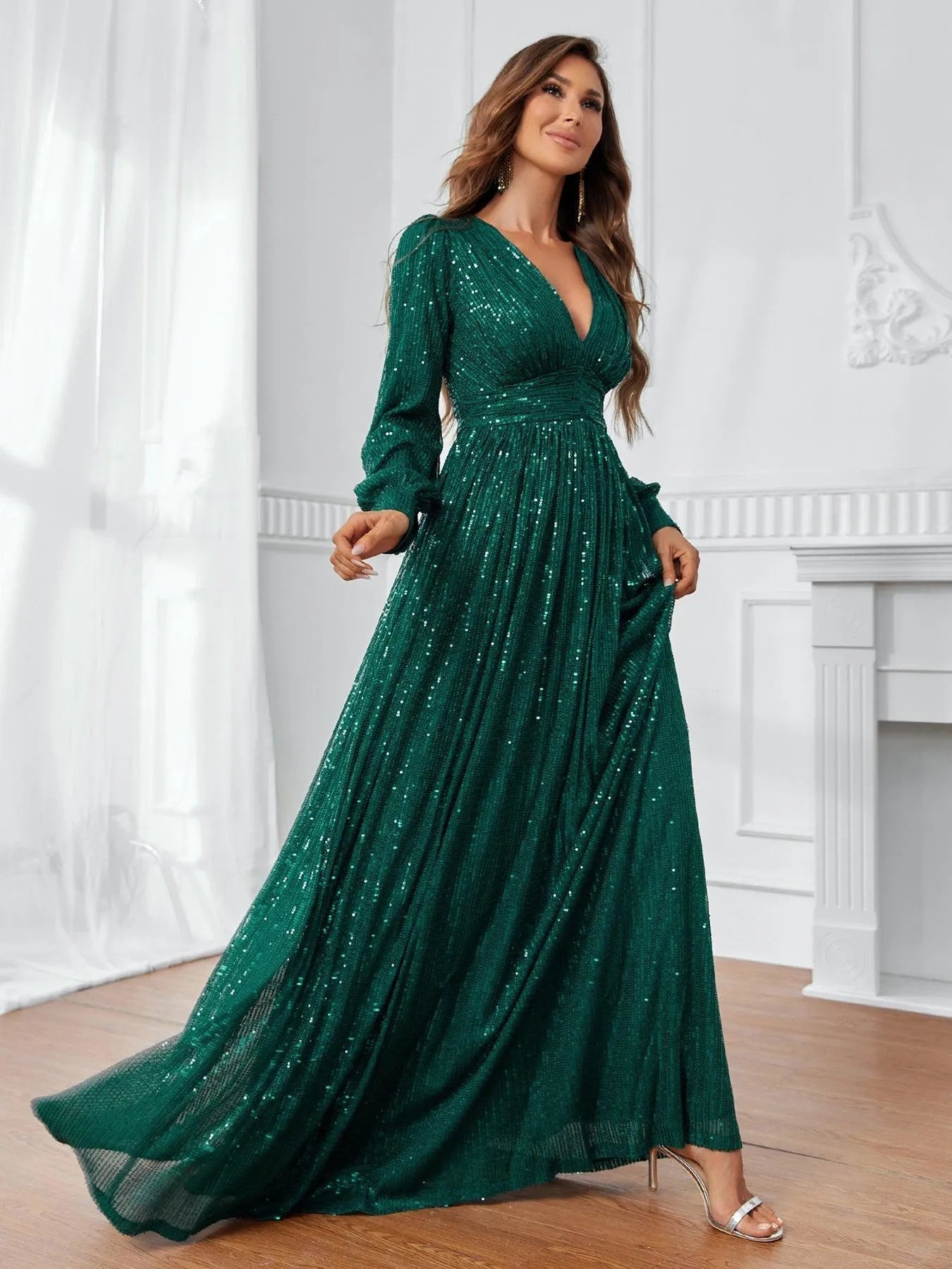 Elegant V Neck Lantern Sleeve Sequin Formal Dresses