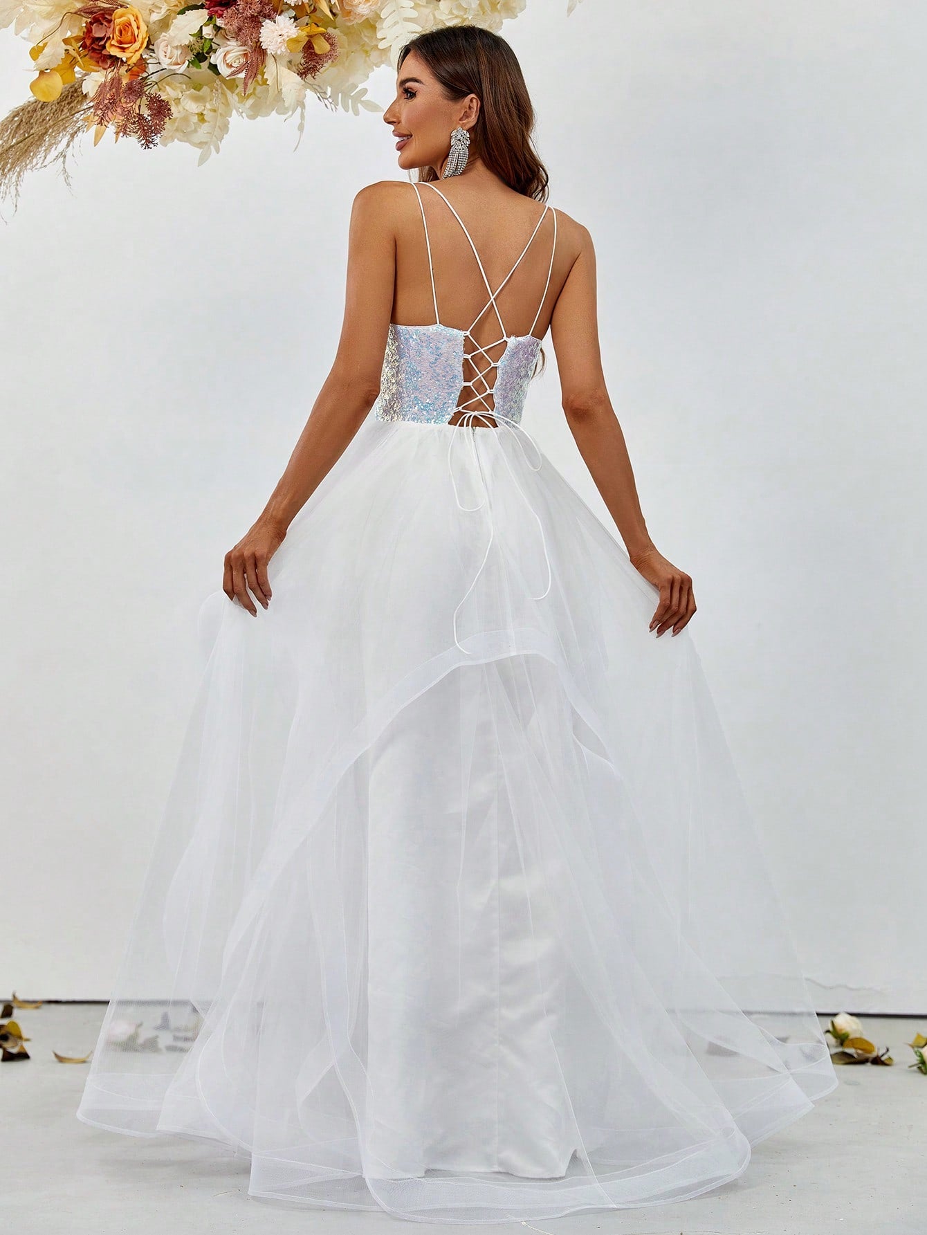 Sequin Bodice Contrast Mesh Hem Cami Wedding Dresses