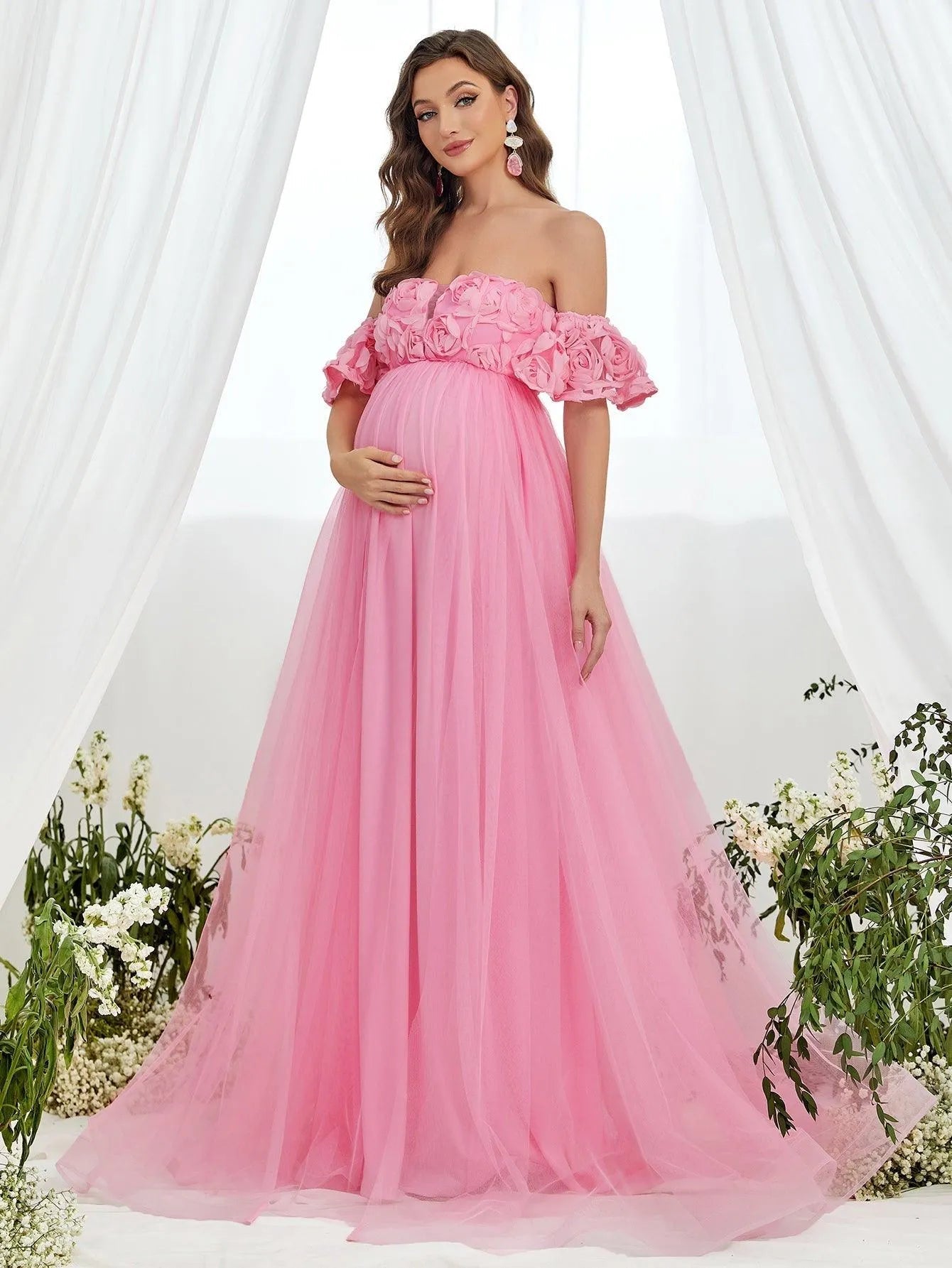 Maternity Flower Applique Off Shoulder Mesh A Line Dress