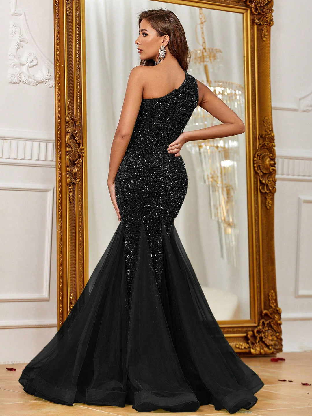 Elegant One Shoulder Sleeveless Mesh Insert Sequin Mermaid Dress