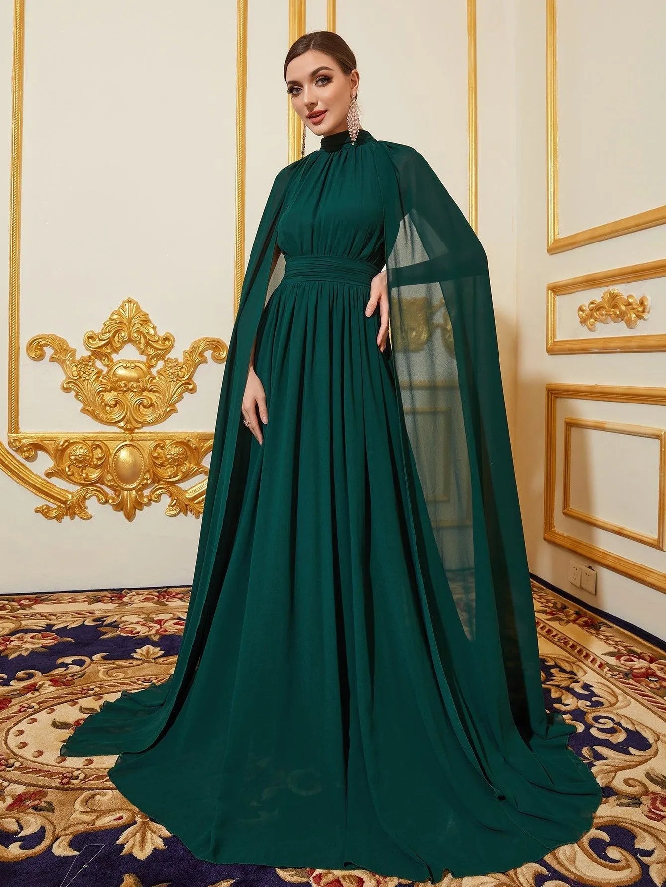 Elegant Mock Neck Cloak Sleeve Chiffon Formal Dress