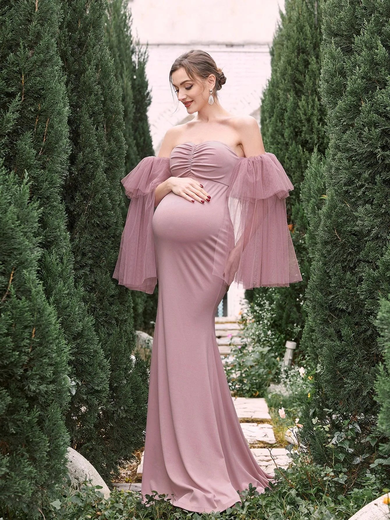 Maternity Mesh Sleeves Mermaid Hem Tube Prom Dress