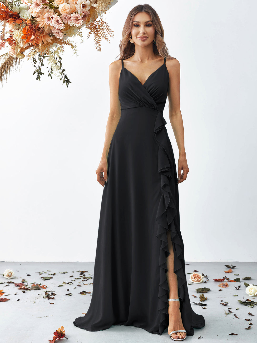 Elegant V Neck Sleeveless Ruffle Slit Chiffon A Line Dresses