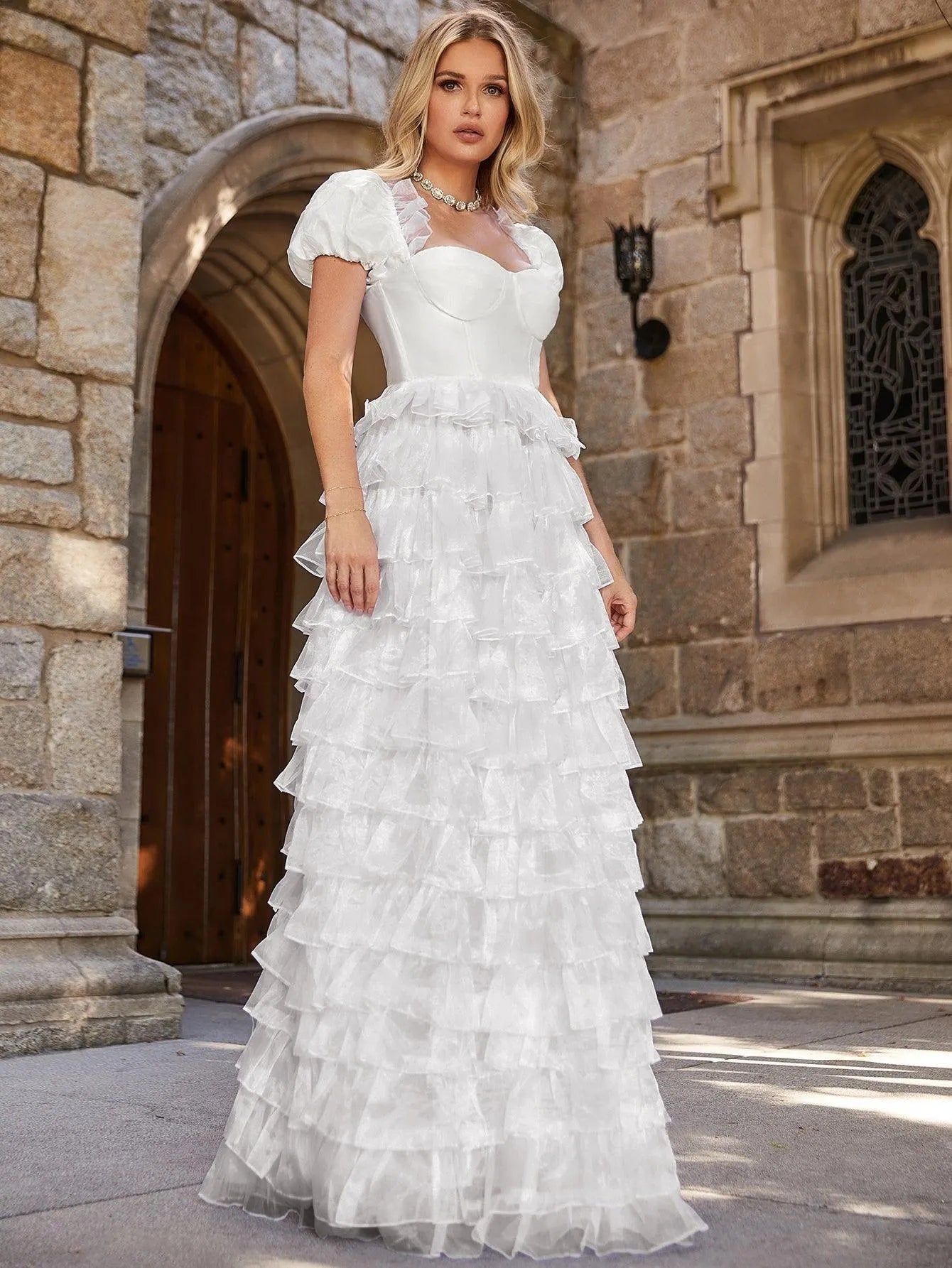 Elegant Puff Sleeve Layered Ruffle Hem Wedding Dress