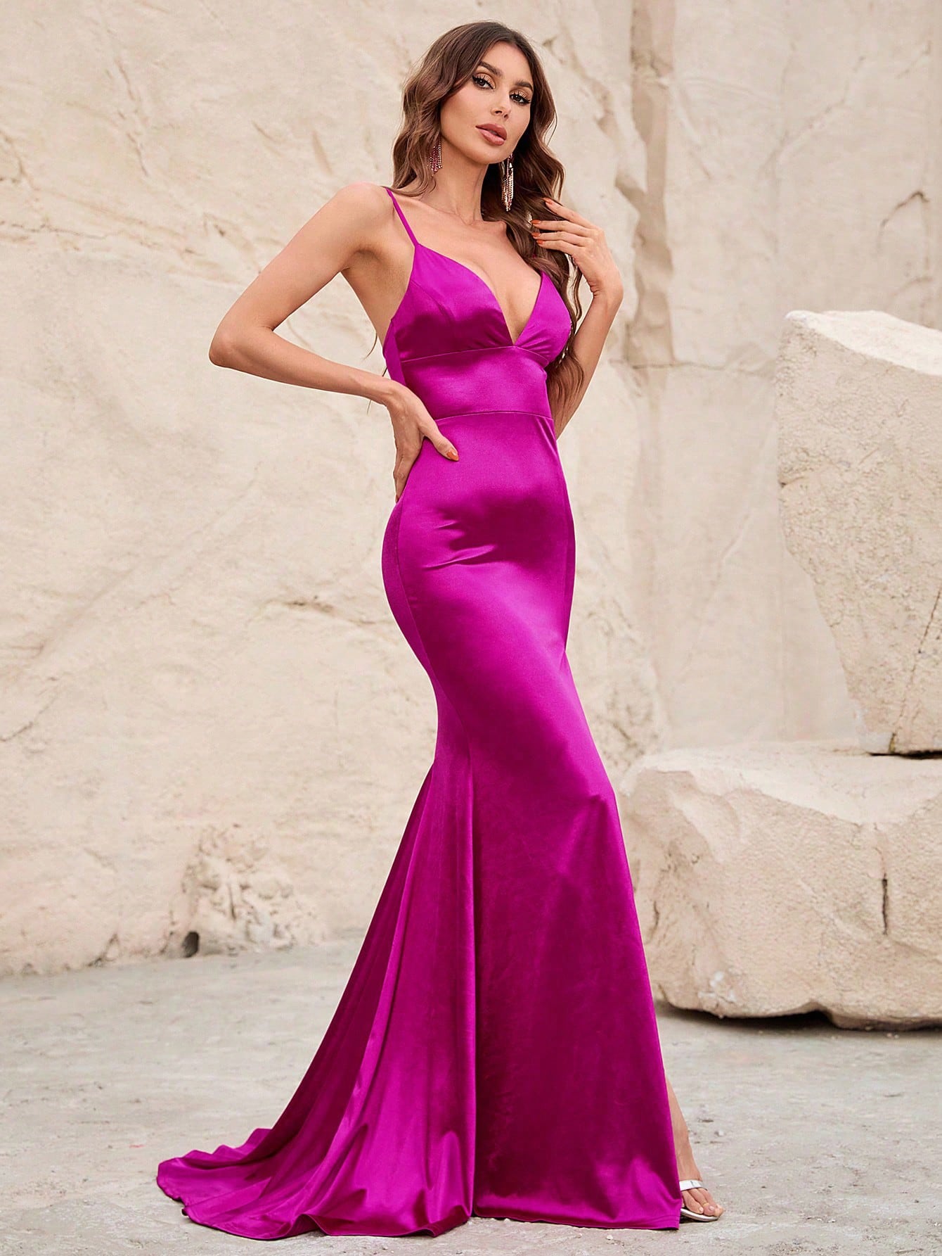 Surplice Neck Spaghetti Strap Backless Slit Satin Dresses