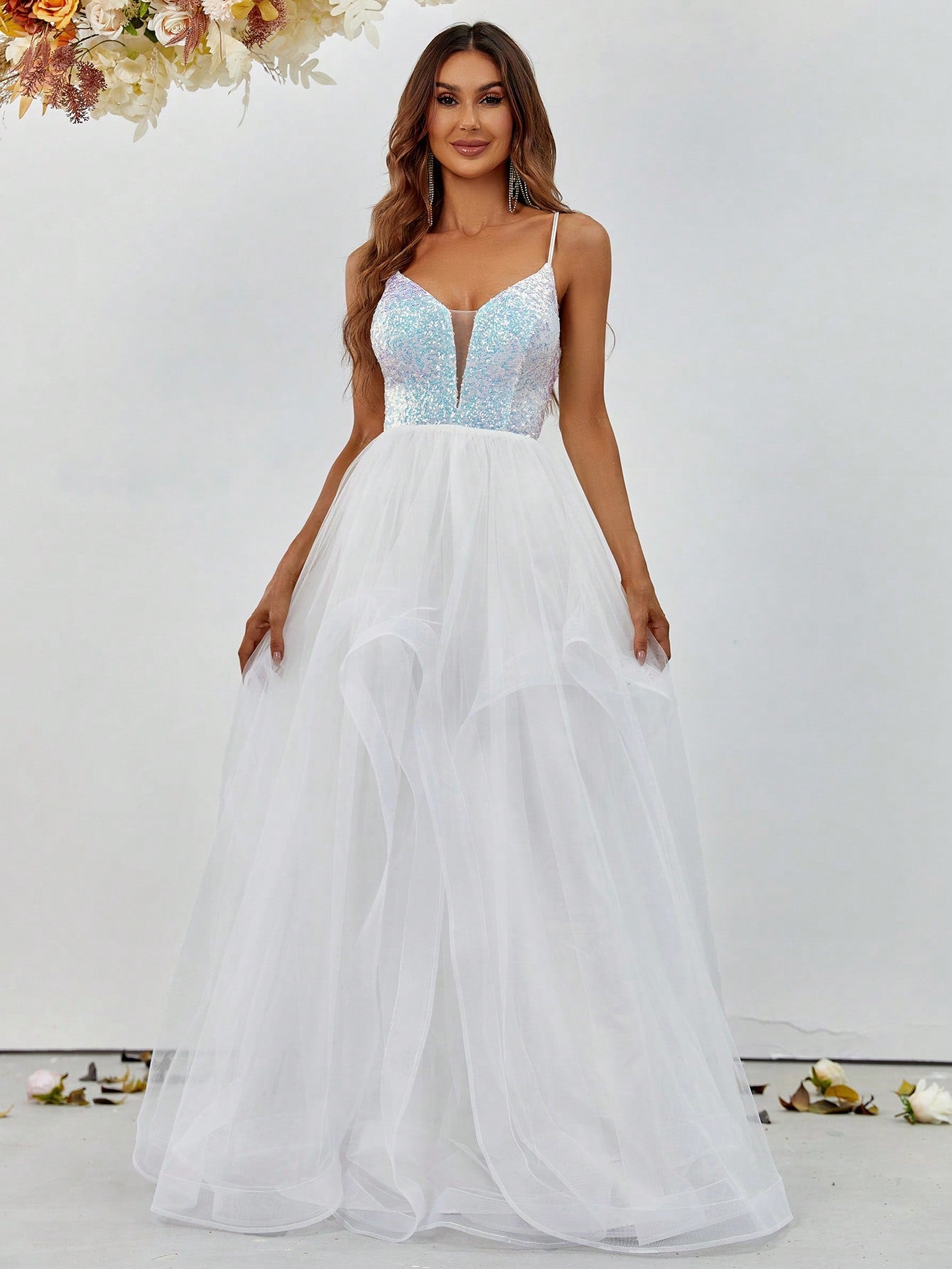 Sequin Bodice Contrast Mesh Hem Cami Wedding Dresses