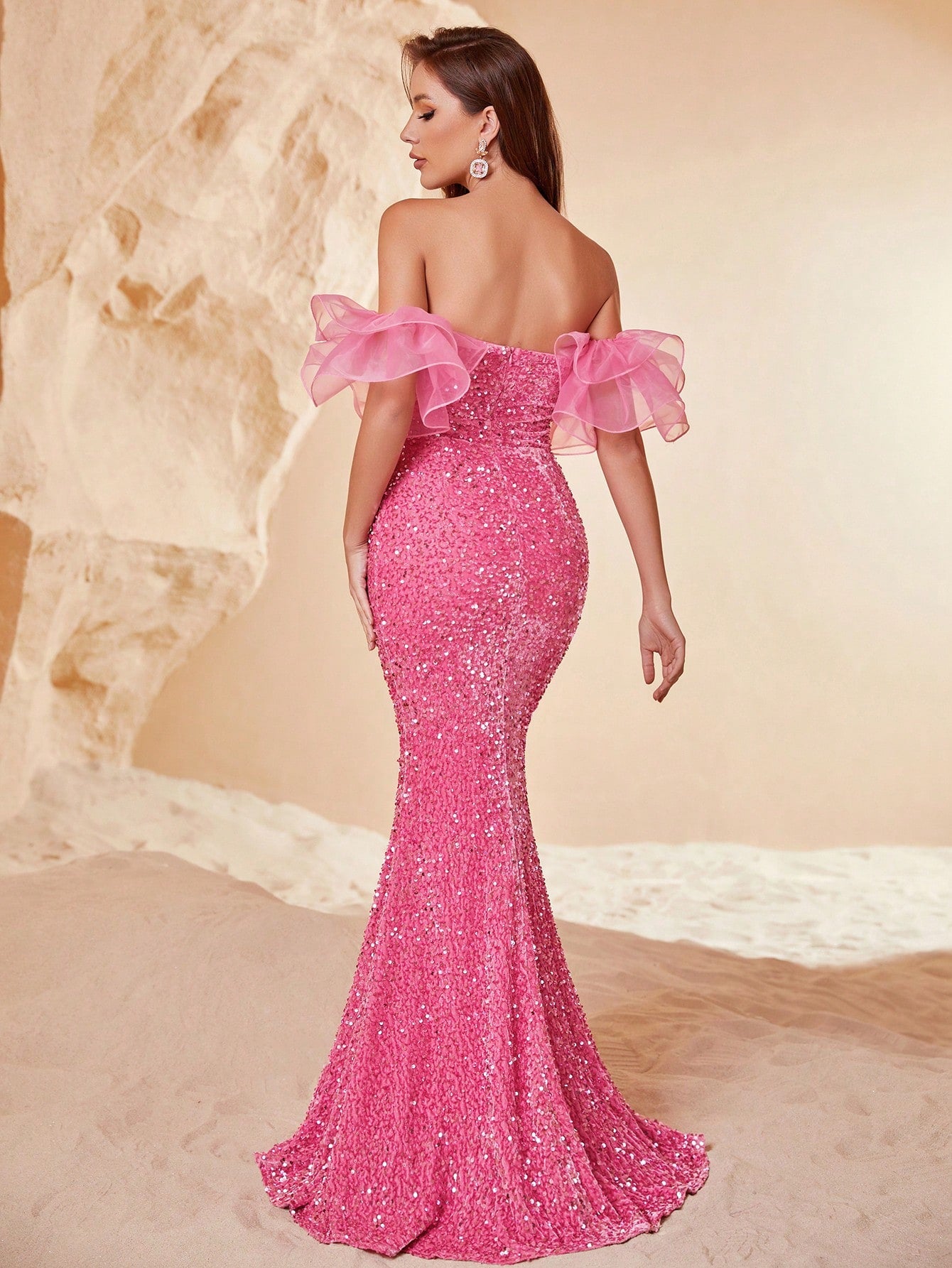 Off Shoulder Ruffle Trim Sequin Mermaid Dress