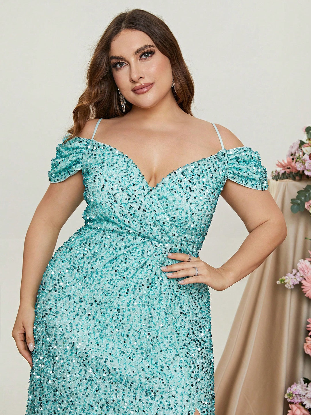 Plus Elegant Off Shoulder Short Sleeve Sequin A Line Slit Dresses