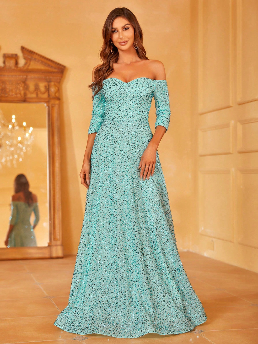 3/4 Sleeve Off Shoulder Sweetheart Sequin A Line Dresses