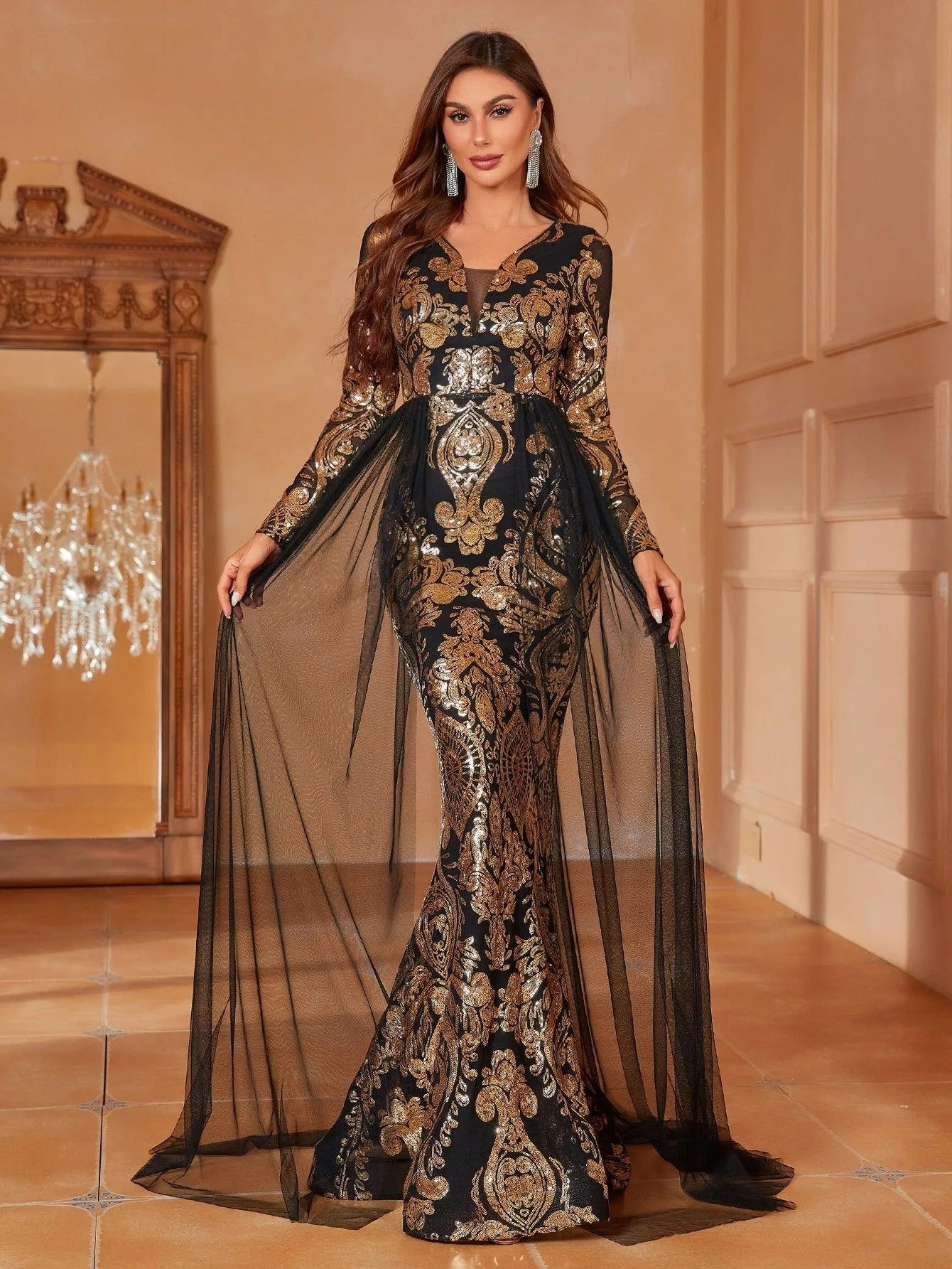 Plunging Neck Mesh Overlay Mermaid Hem Sequin Dress