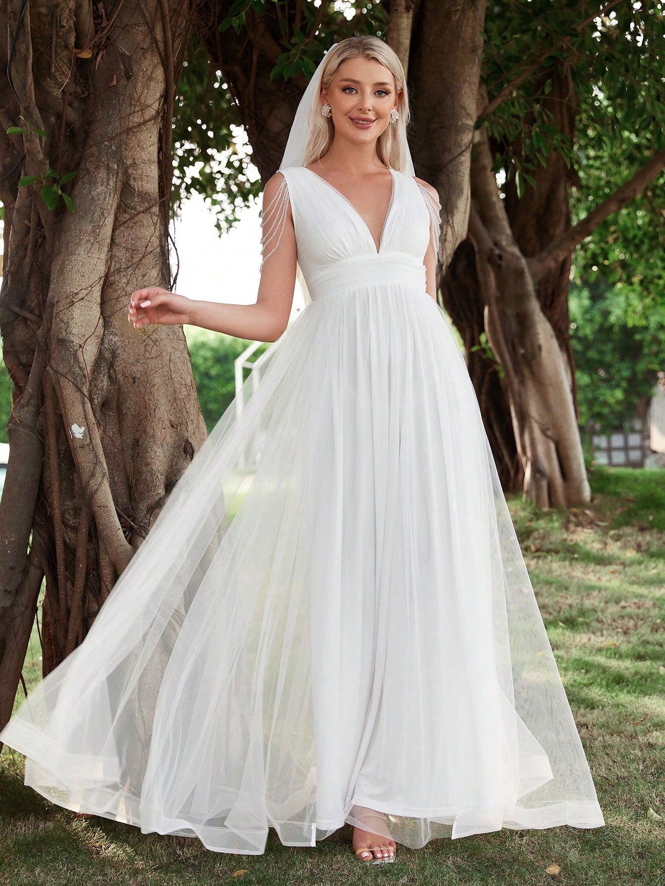 Chain Detail Plunging Neck Mesh Wedding Dress