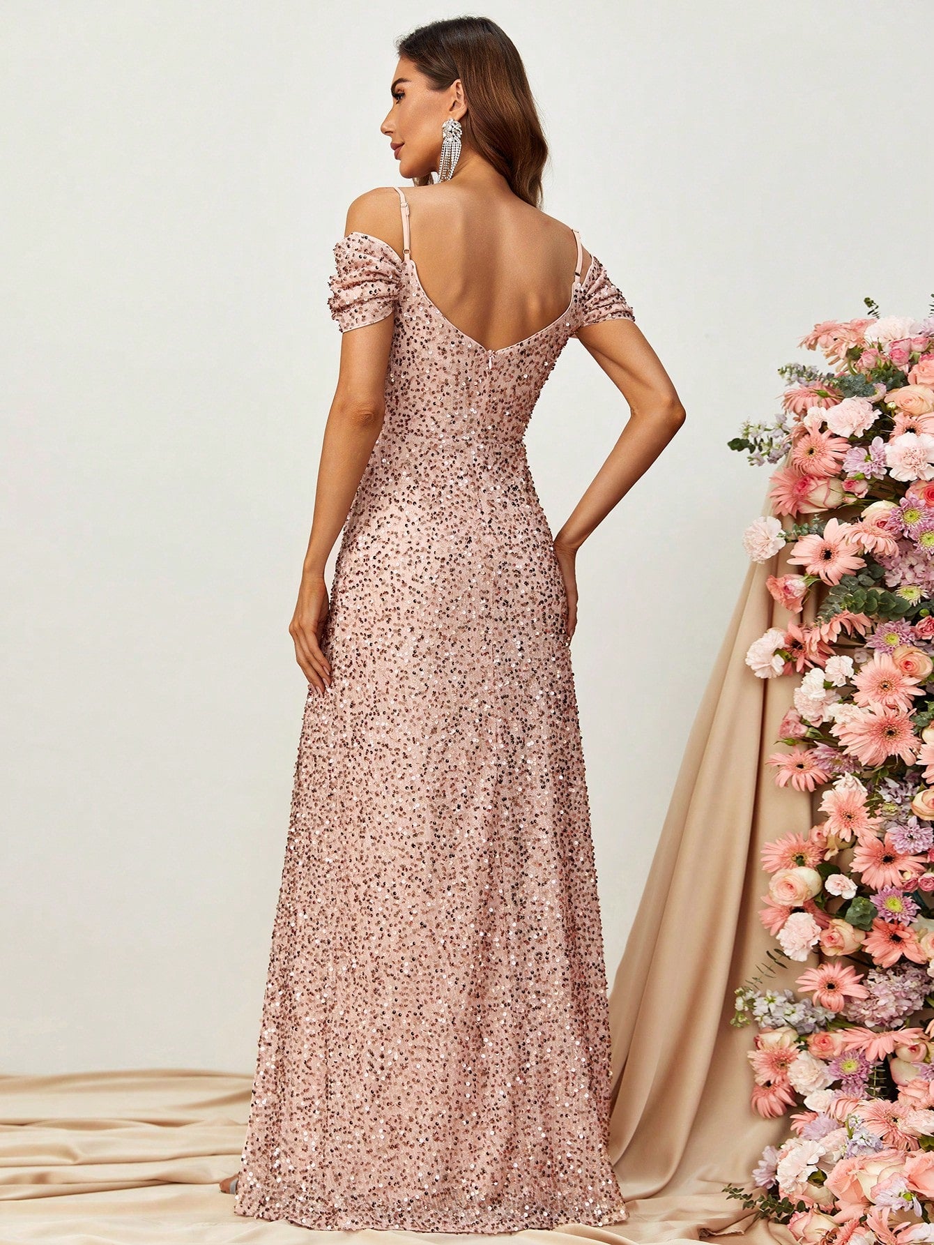 Elegant Off Shoulder Short Sleeve Sequin A Line Slit Dresses