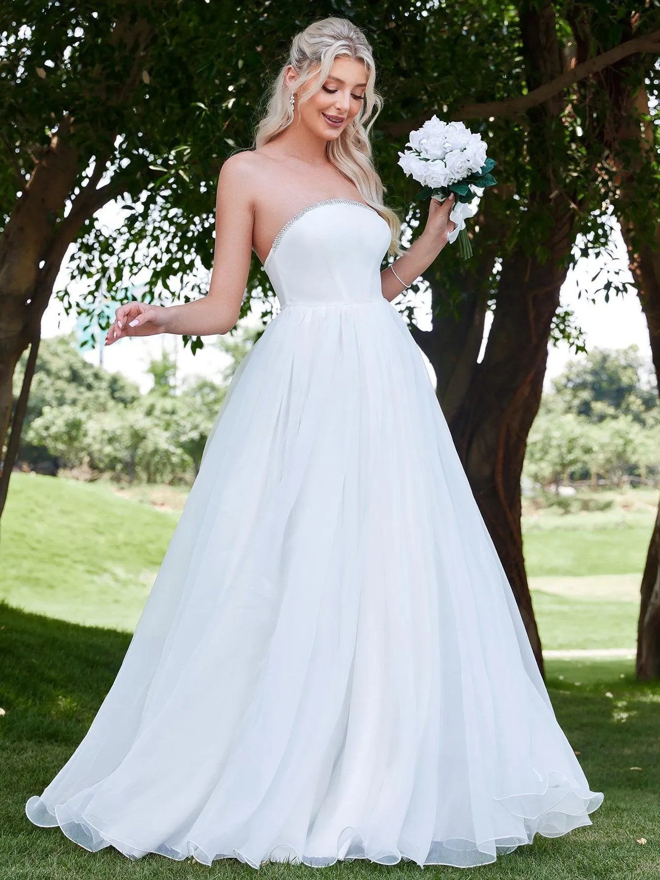 Velvet Bodice Contrast Organza Hem Wedding Dress