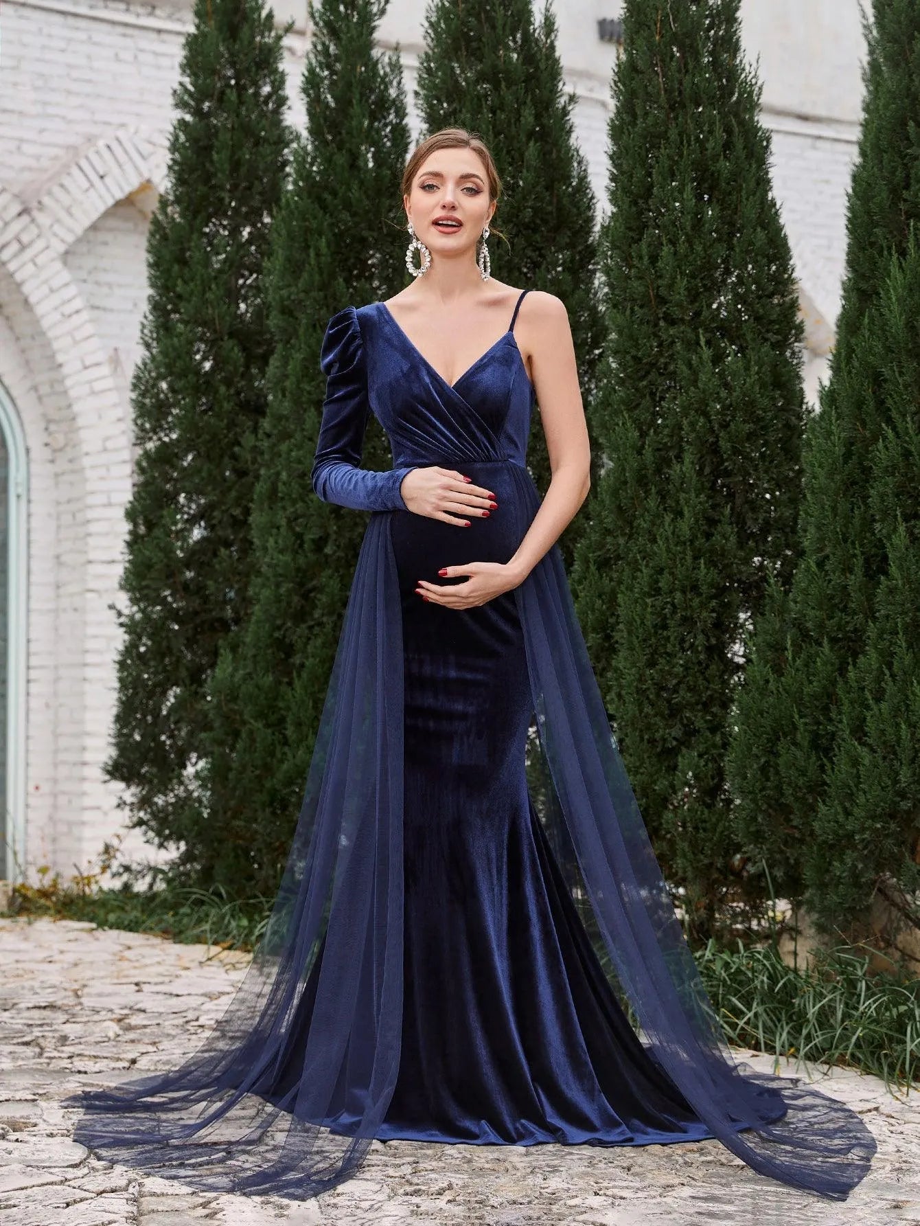 Maternity Asymmetrical Neck Mermaid Hem Velvet Dress