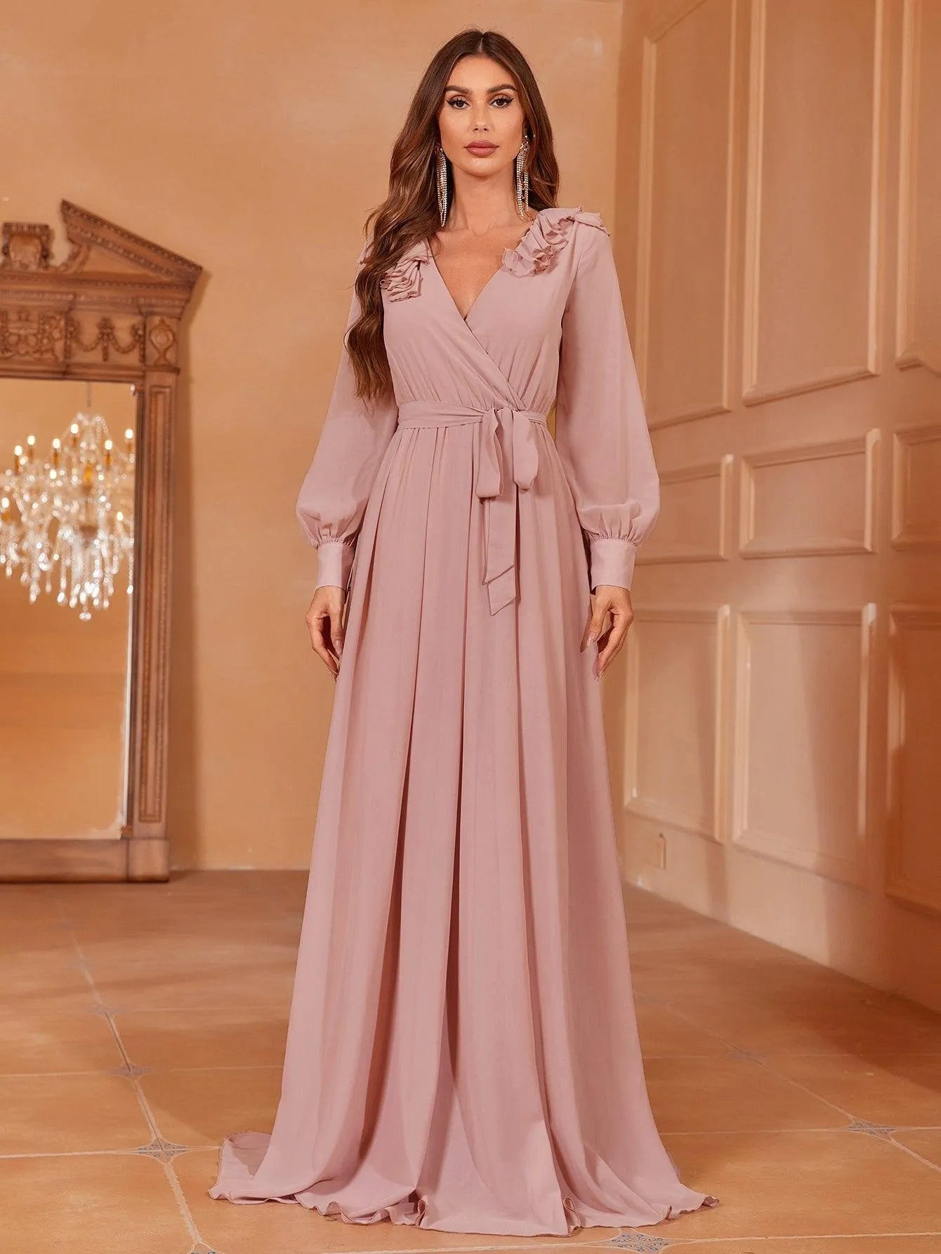 Solid Bishop Sleeves Chiffon Belted Dress