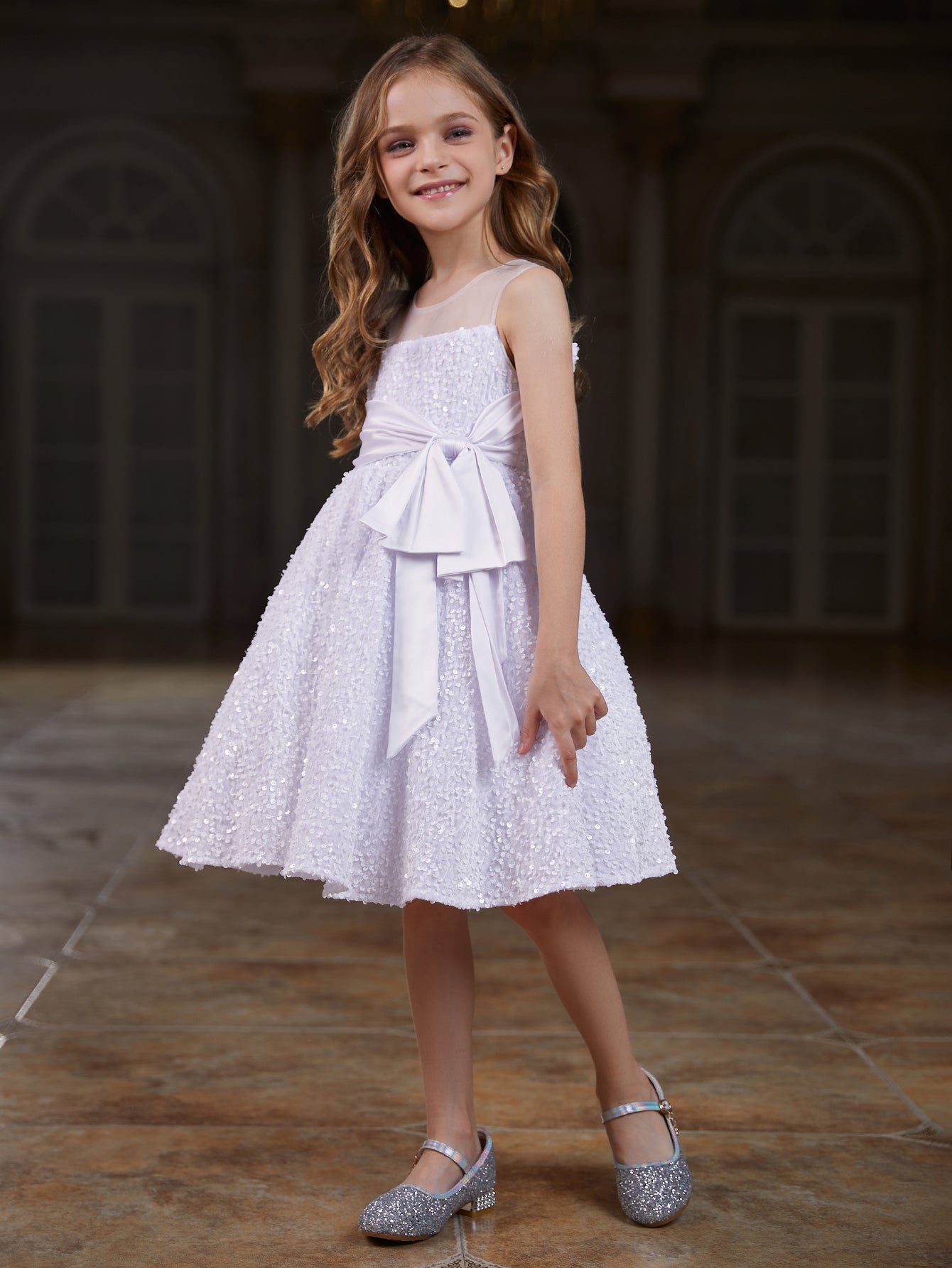 Girl's Cute Sleeveless Knot Side Sequin A Line Dress