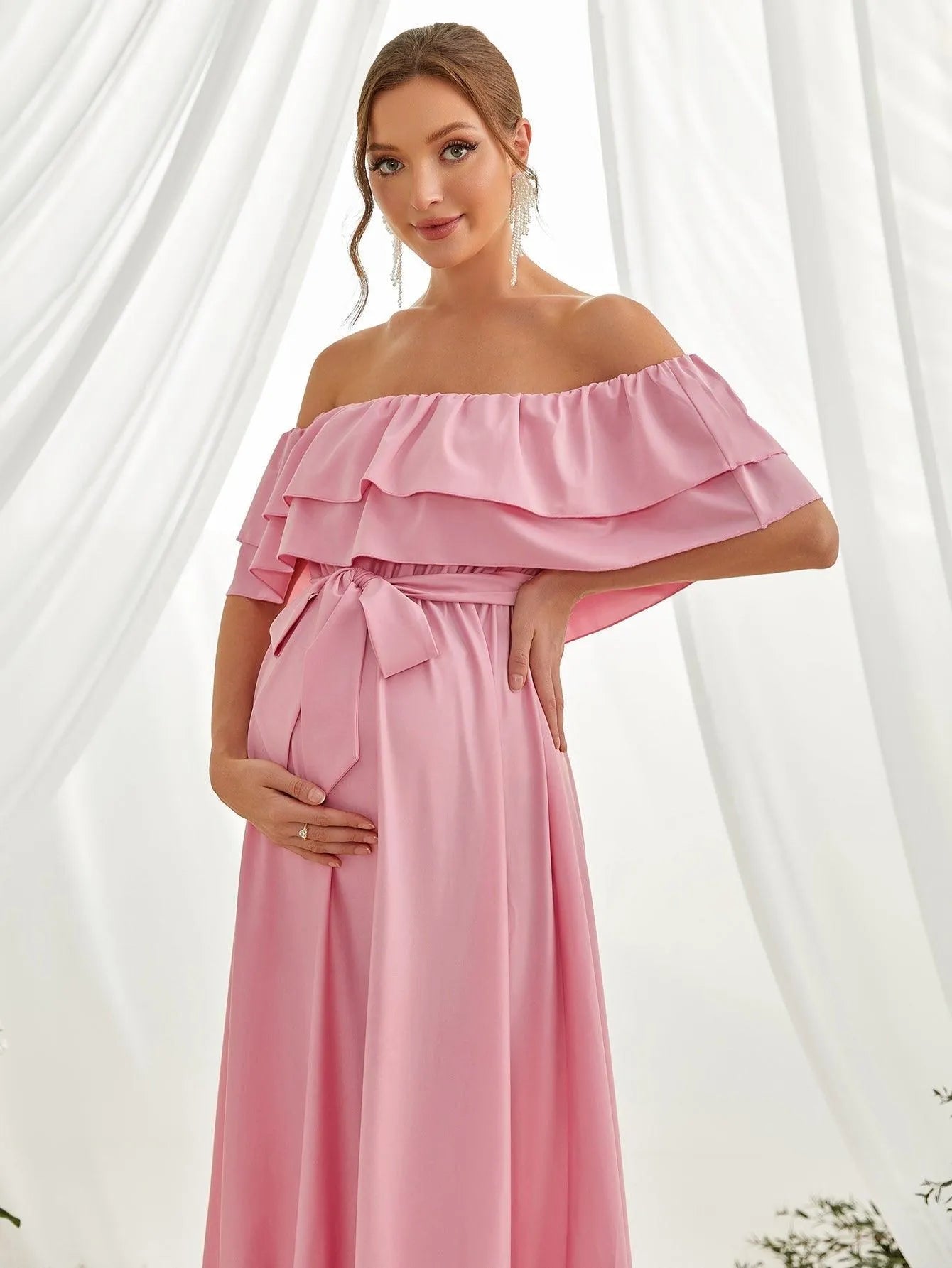 Maternity Off Shoulder Ruffle Trim Layered Hem Belted Dress