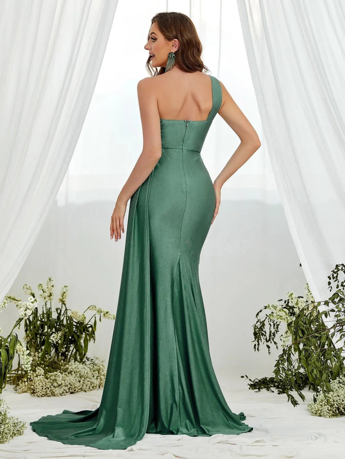 Maternity One Shoulder Draped Side Slit Mermaid Dress