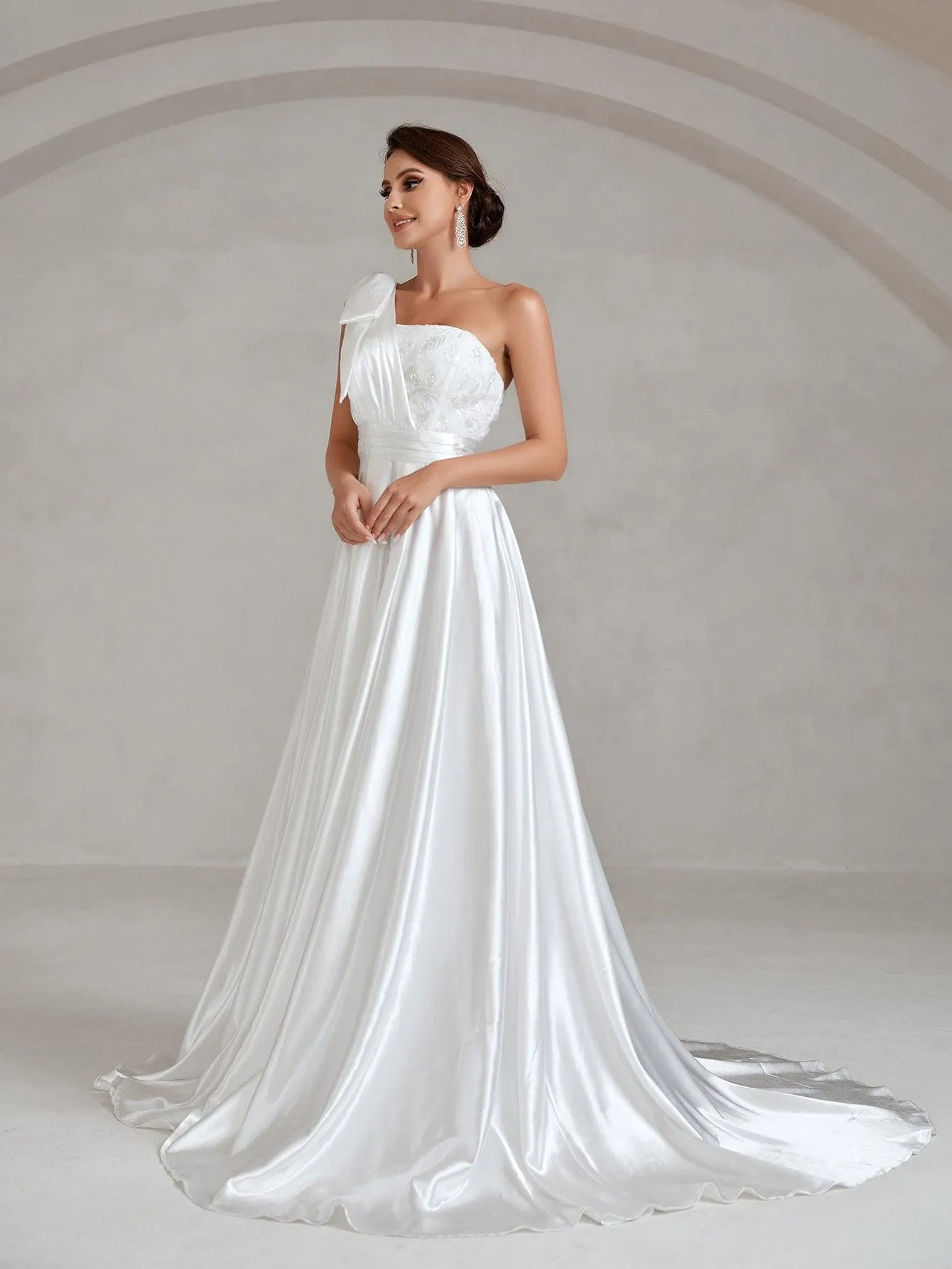 One Shoulde Floor Length Satin Wedding Dress