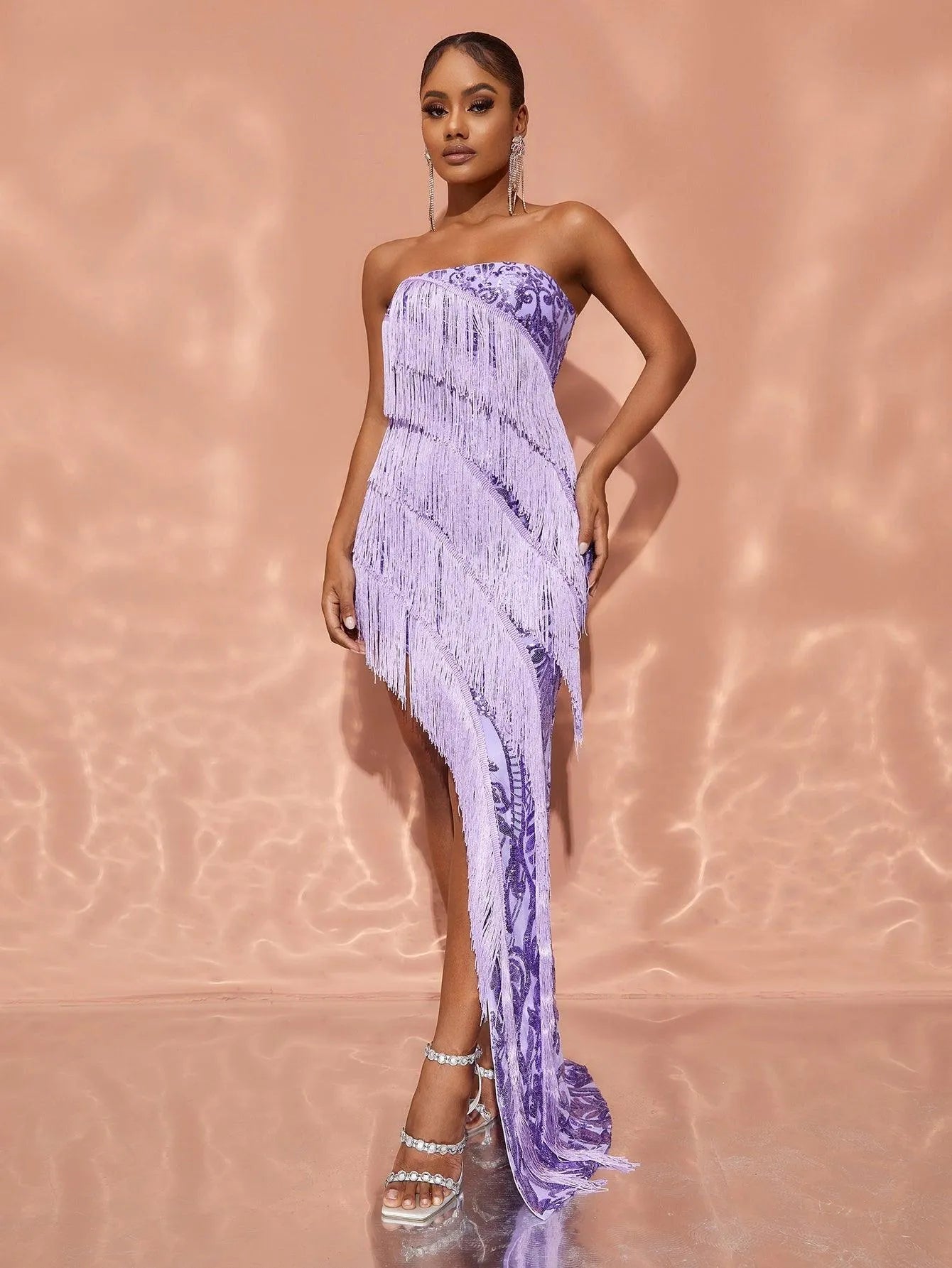 Chic Split Thigt Fringed Sequin Tube Dress