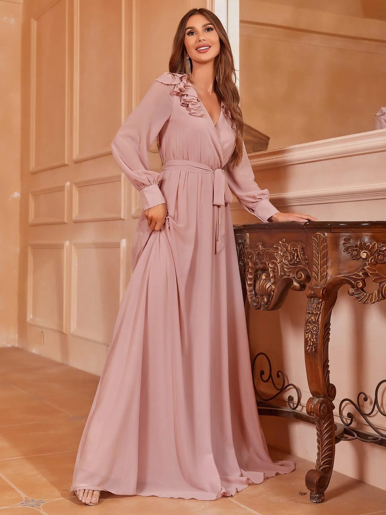 Solid Bishop Sleeves Chiffon Belted Dress