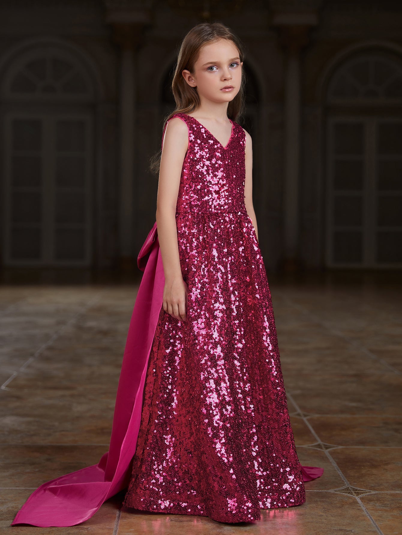 Girl's Bow Back Sleeveless Contrast Satin Sequin Party Dress