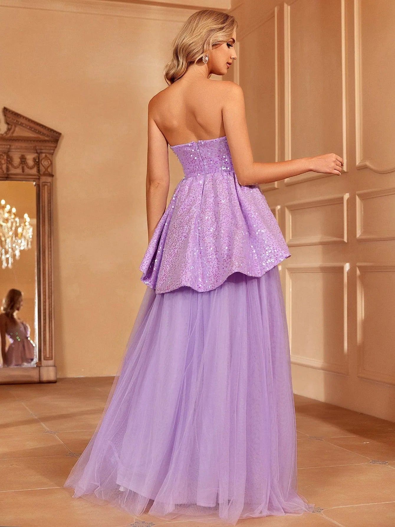 Sequin Bodice Contrast Mesh Hem Tube Prom Dress