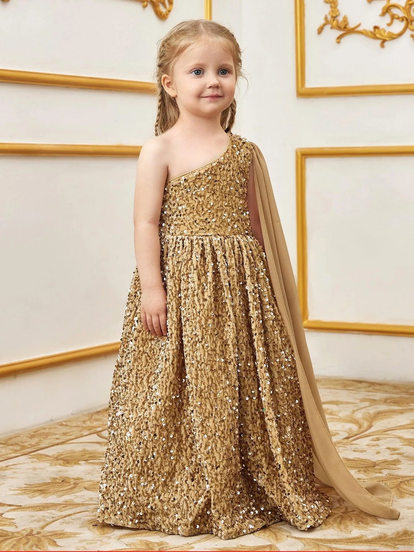 Young Girls' One Shoulder Draped Side Sequin A Line Dress