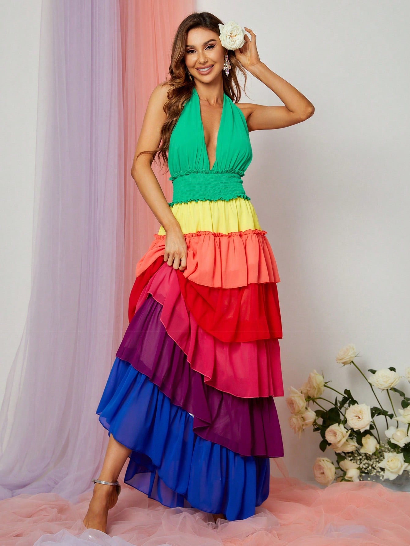 Halter Neck Backless Multicolor Chiffon Dress