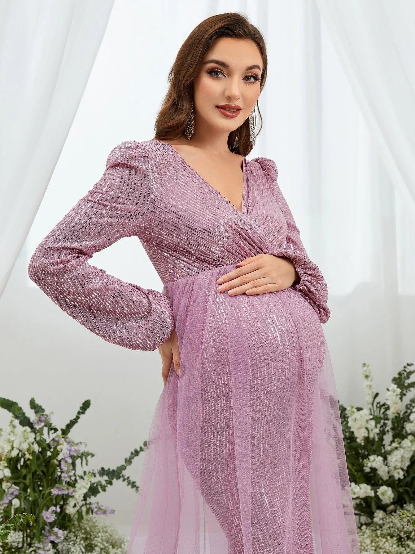 Maternity Surplice Neck Contrast Mesh Sequin Party Dress