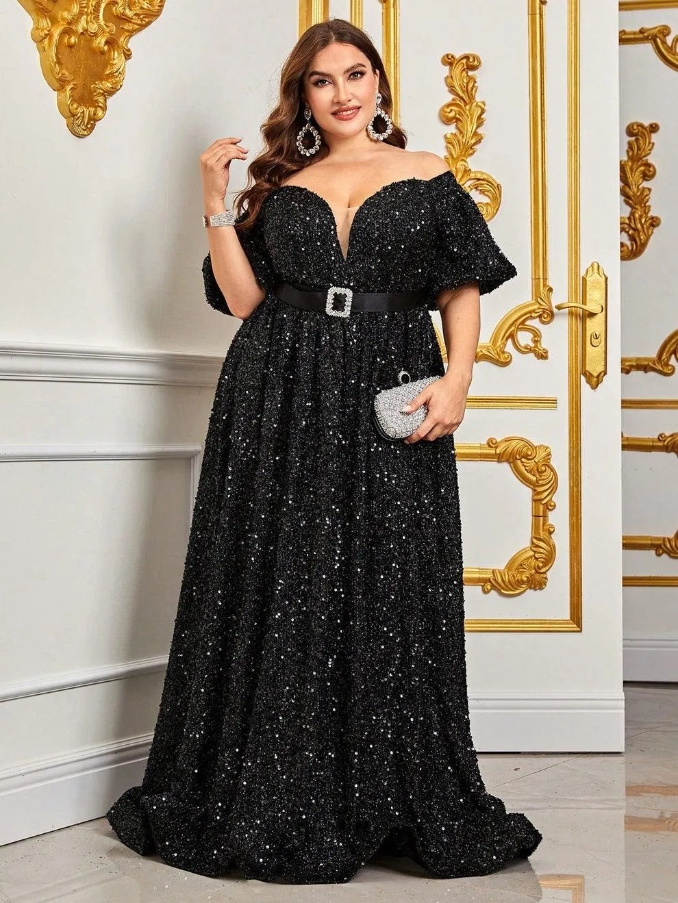 Plus Off Shoulder Puff Sleeves Sequin Formal Dress