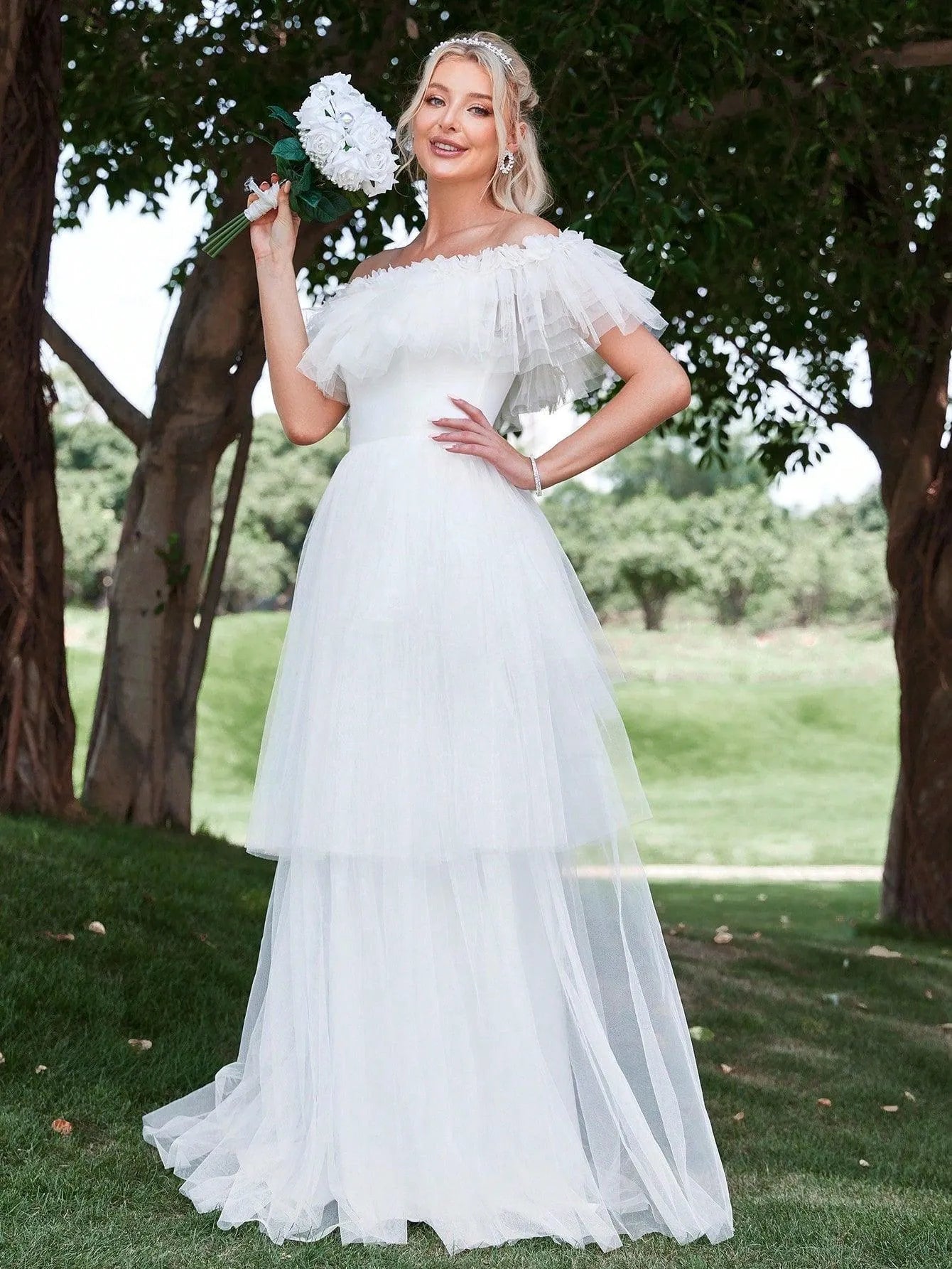 Ruffle Trim Off Shoulder Layered Mesh Wedding Dress