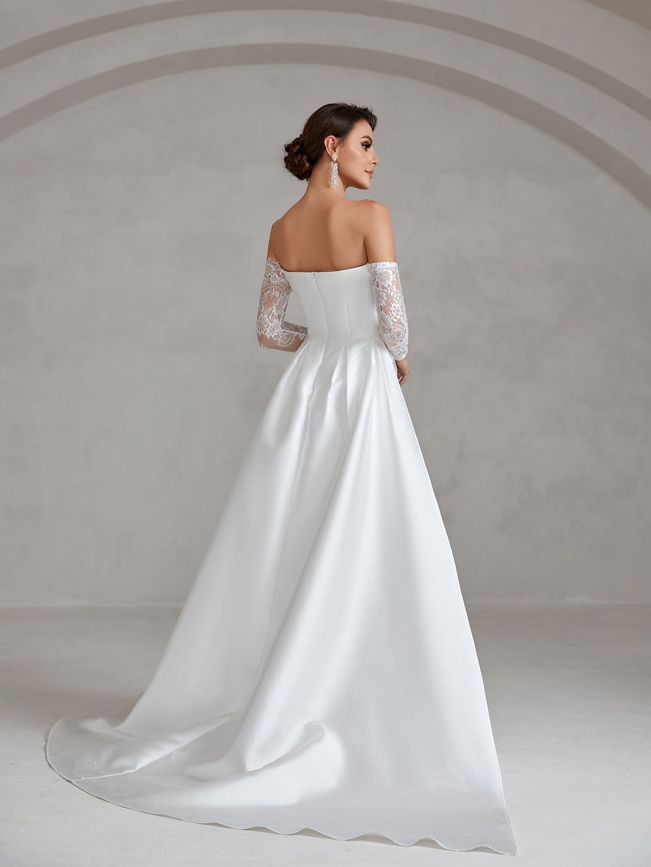 Off Shoulder Lace Sleeve Satin Mermaid Hem Wedding Dress