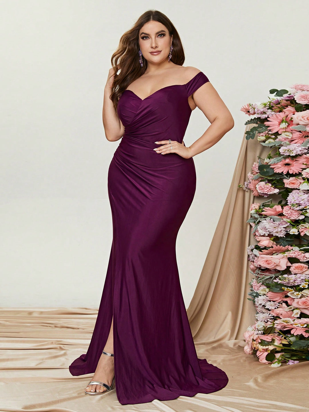 Plus Off Shoulder Ruched Wrap Hem Slit Gown