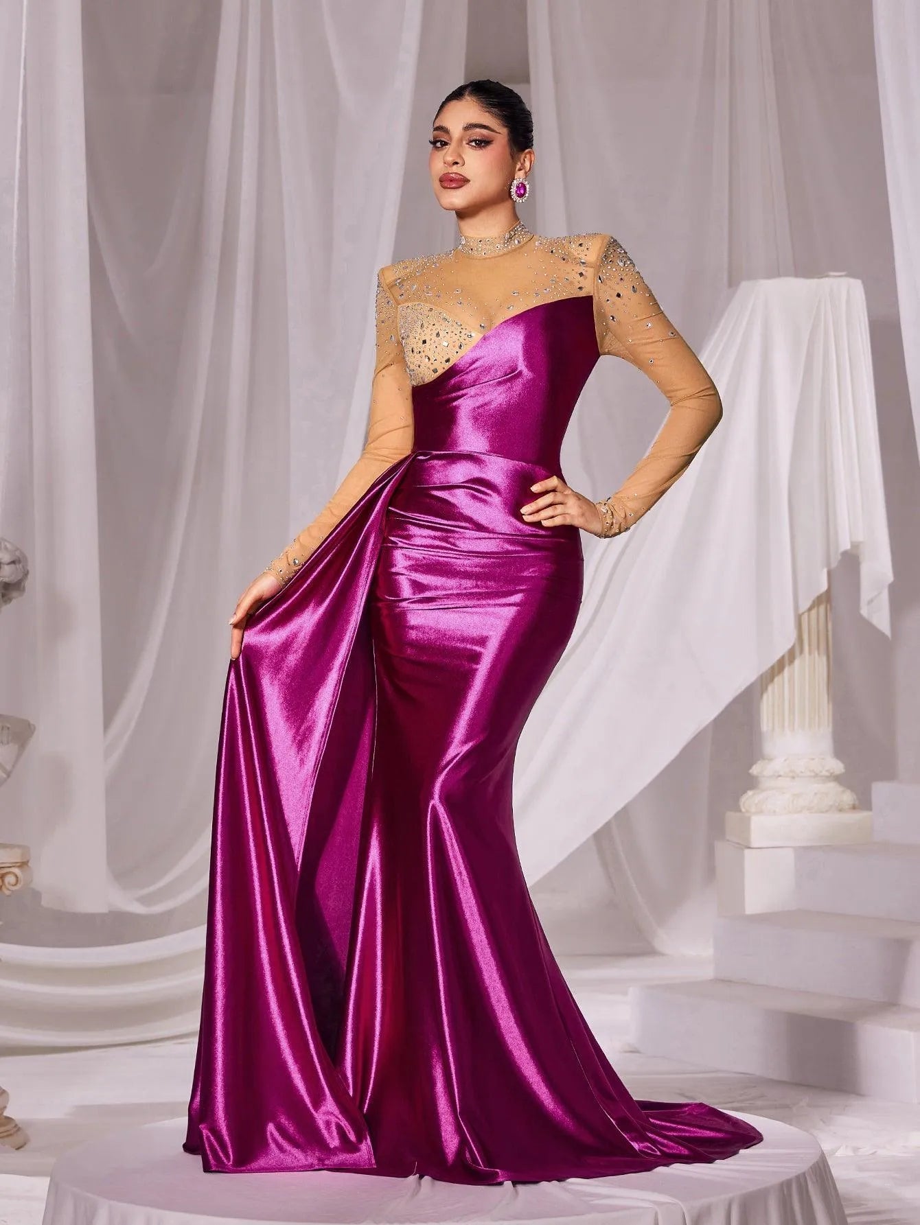 Rhinestone Detail Mock Neck Satin Mermaid Prom Dress