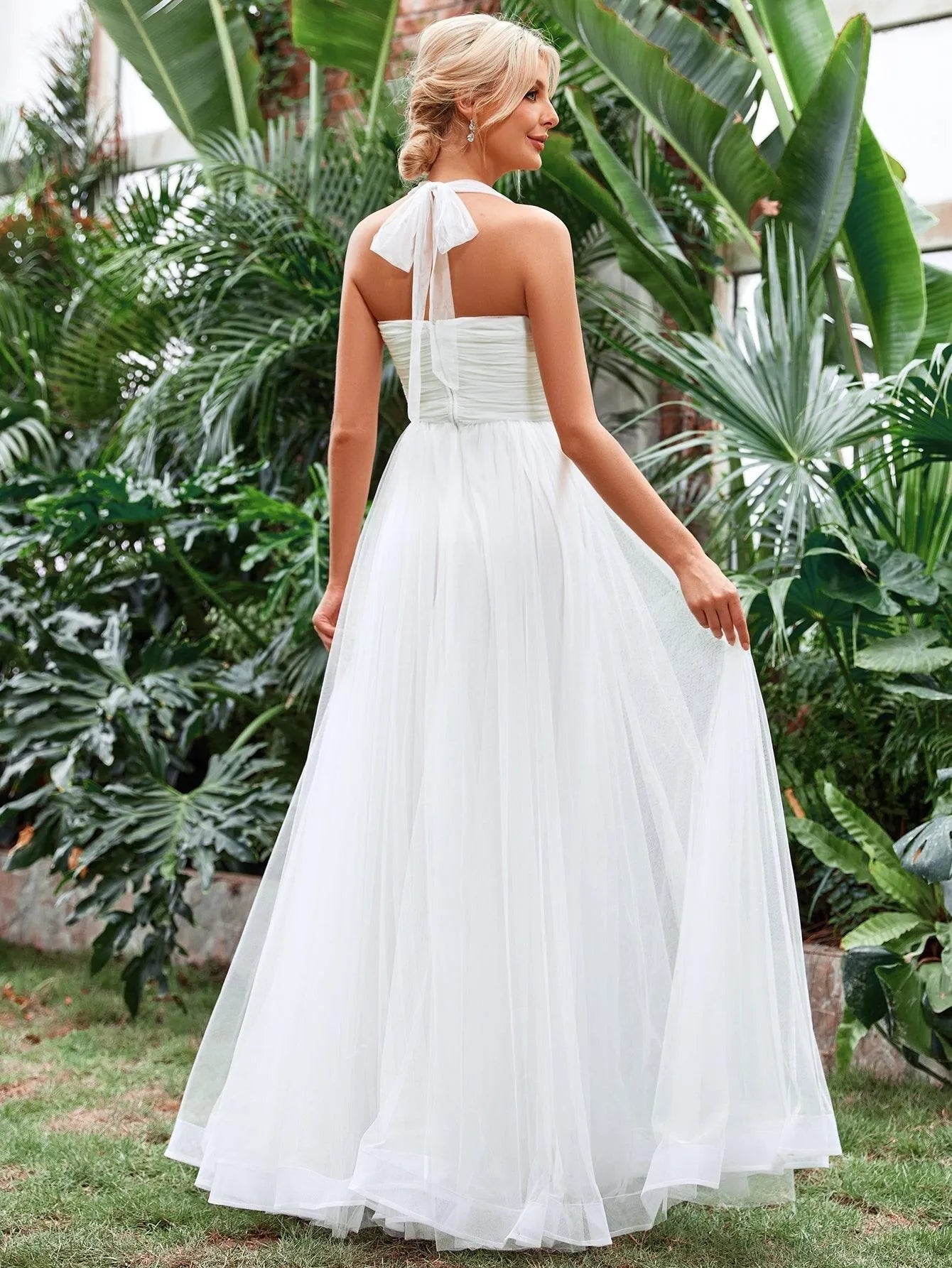 Halter Neck Applique Ruched Bustier Mesh Wedding Dress