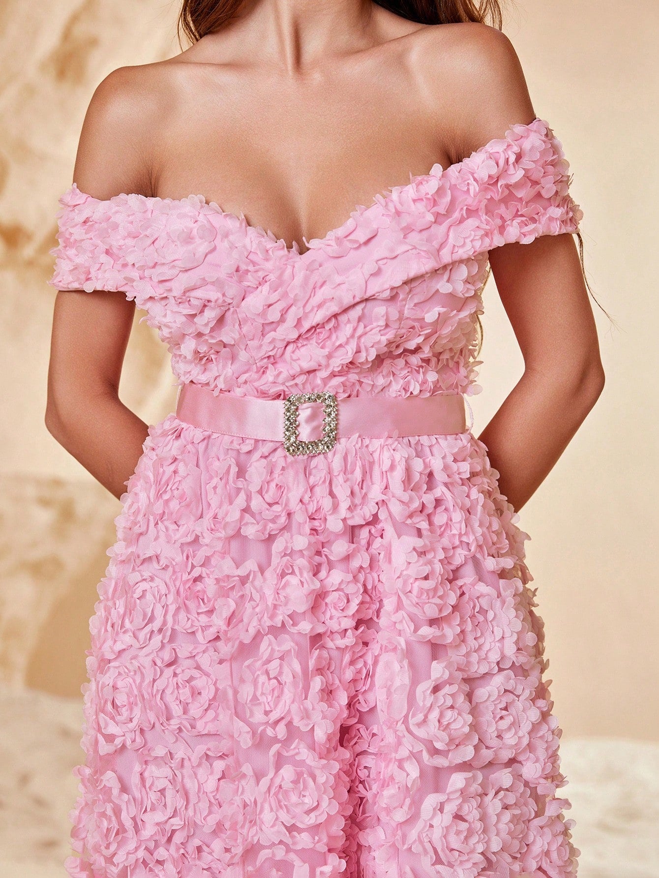 Off Shoulder Rhinestone Detail Belted 3D Flower A-Line Dresses