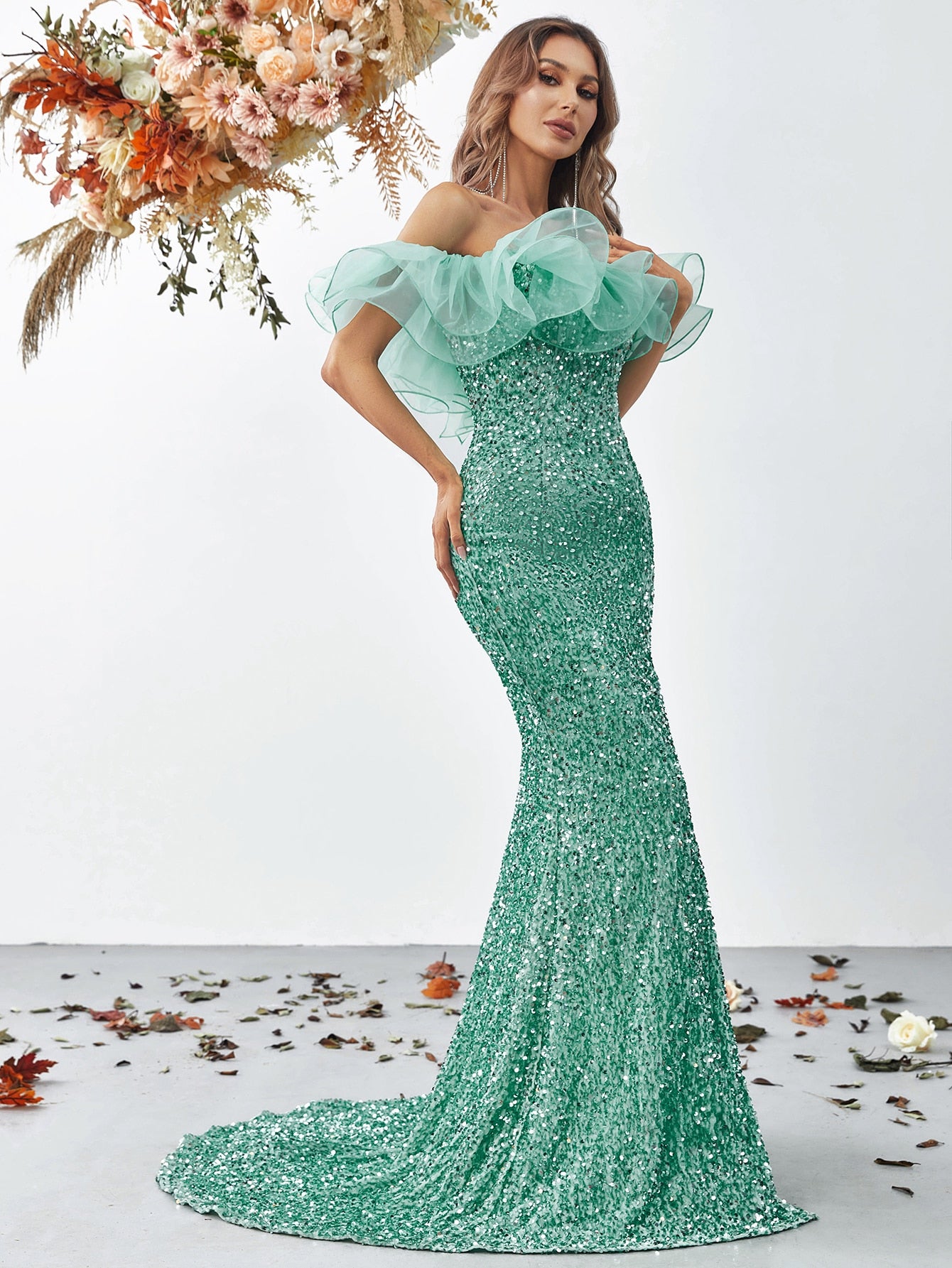 Elegant Off Shoulder Ruffle Trim Split Thigh Sequin Mermaid Dresses