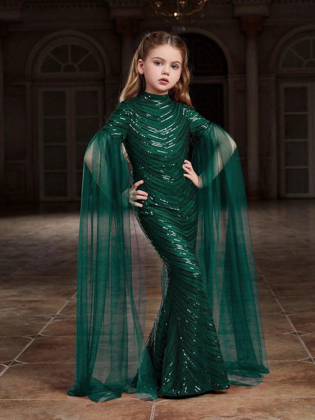 Tween Girls' Cloak Sleeves Sequin Mermaid Dress